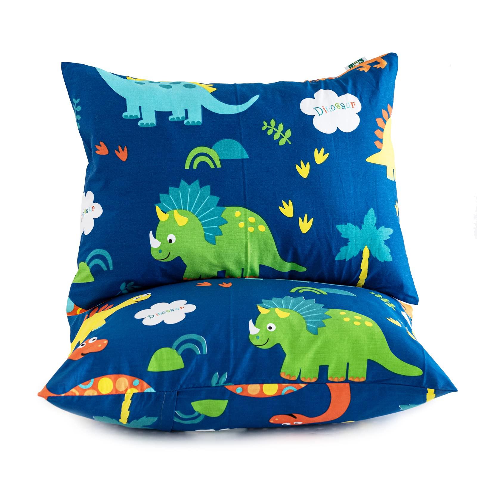 Cottonblue Toddler Pillow, Kids Pillows for Sleeping 14 x 19 Inches, Kids Pillow with Soft Cotton Pillowcase, Machine Washable, Perfect for Travel Toddlers Cot, 2 Pack, Blue Dinosaur