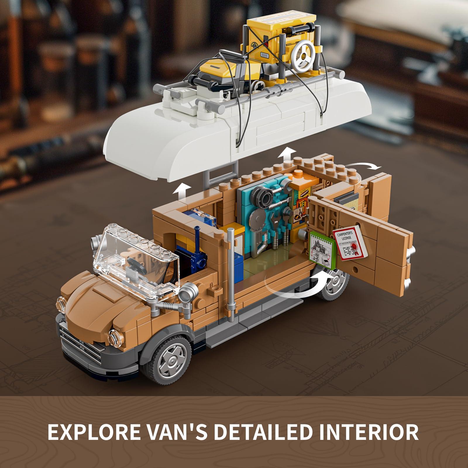 FUNWHOLE FUNWHOLE Carpentry Van Lighting Building-Bricks Set - Farm Woodworker Car Collectible Display Set 496 Pcs for Adults and Teen