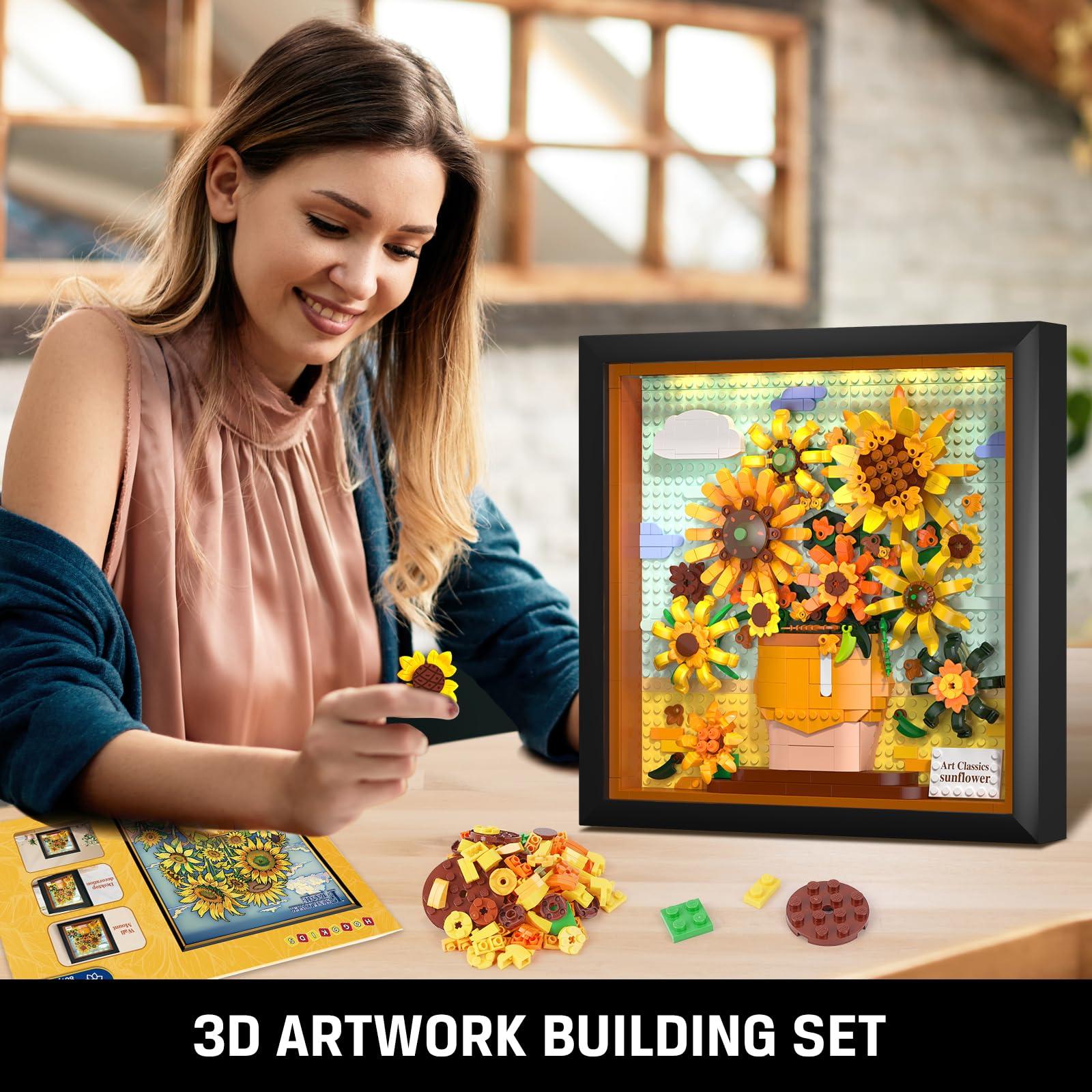 HOGOKIDS HOGOKIDS Flowers Sunflower Building Set with Lights - Vincent Van Gogh Painting Frame Artwork Mini Building Blocks Toy for Home Dcor Wall Art Architecture Sets for Adults Teens - 807PCS