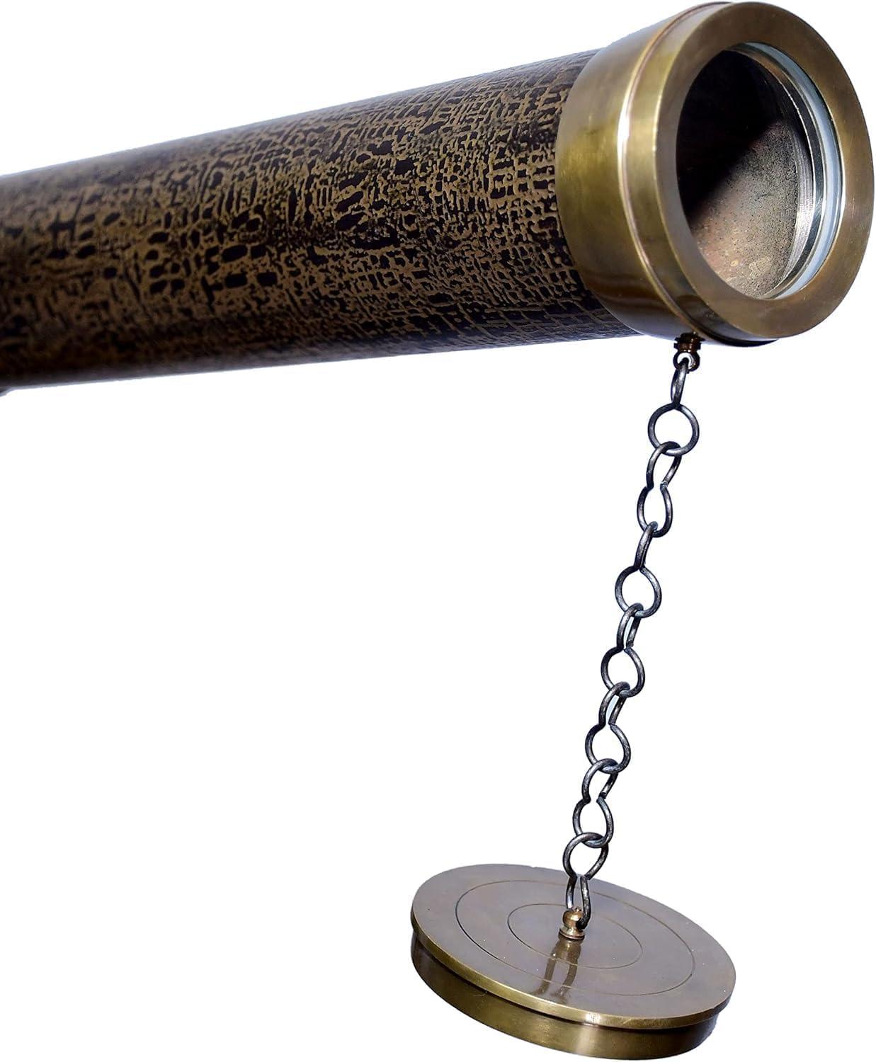 Antiqueex Single Barrel Antique Brass Telescope Beautiful Wooden Floor Standing Tripod Maritime Spyglass Brown Leather