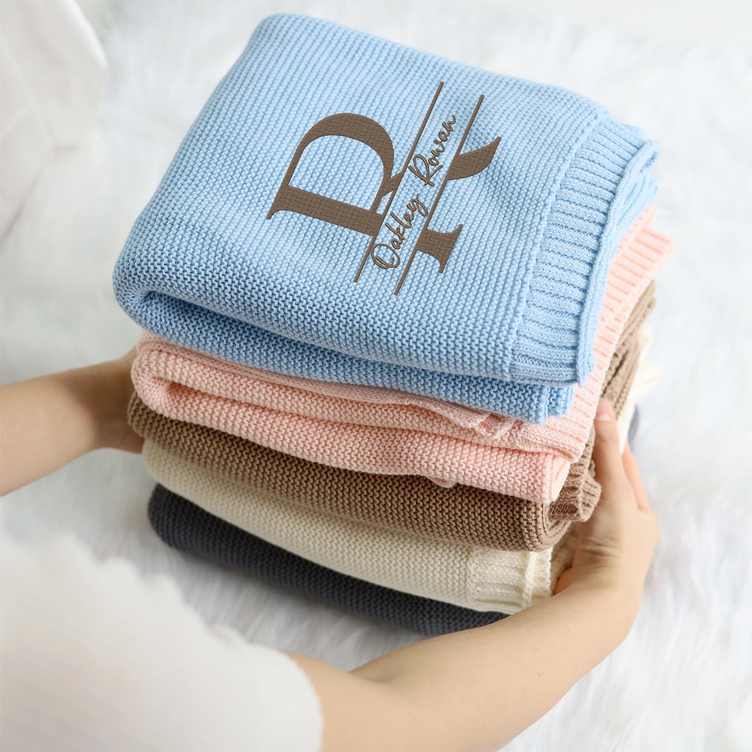 locobird locobird Initials Name Embroidered Baby Blanket, Personalized Baby Blanket for Boys Girls, Custom Baby Name Blankets, Embroidery Blanket, Cotton Knit Blanket for Son Daughter