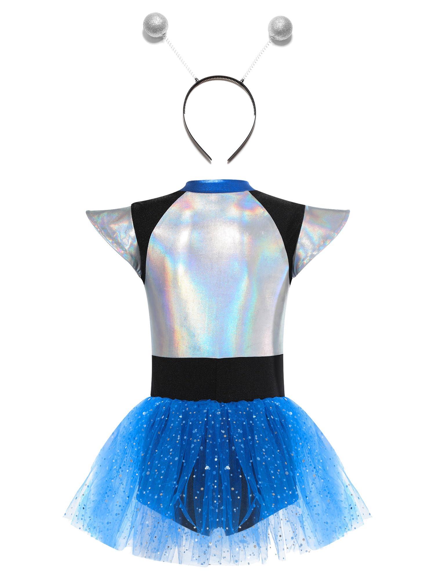 Jizyo Jizyo Girls Alien Costume Set Metallic Tutu Dance Dresses Leotard for Outer Space Man Halloween Cosplay Dress Up Blue 14 Years