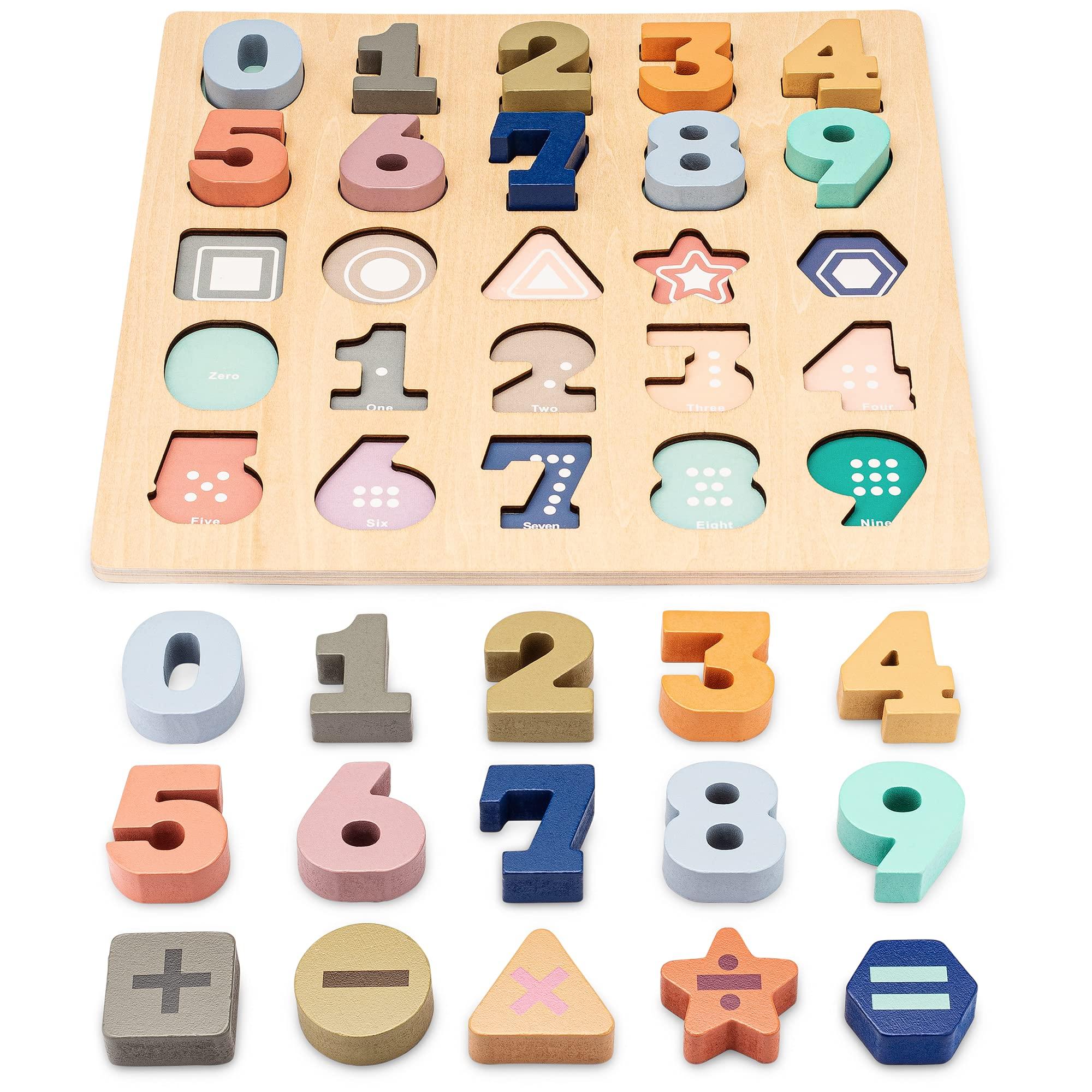 Frankly Awesome Products Wooden Puzzles for Toddlers 3-5 - 25pcs Puzzle by Number Kids w/Shapes & Math Symbols - Toddler Number Learning Toys to Develop Counting & Problem-Solving Skills - Number Puzzles for Kids Ages 3-5