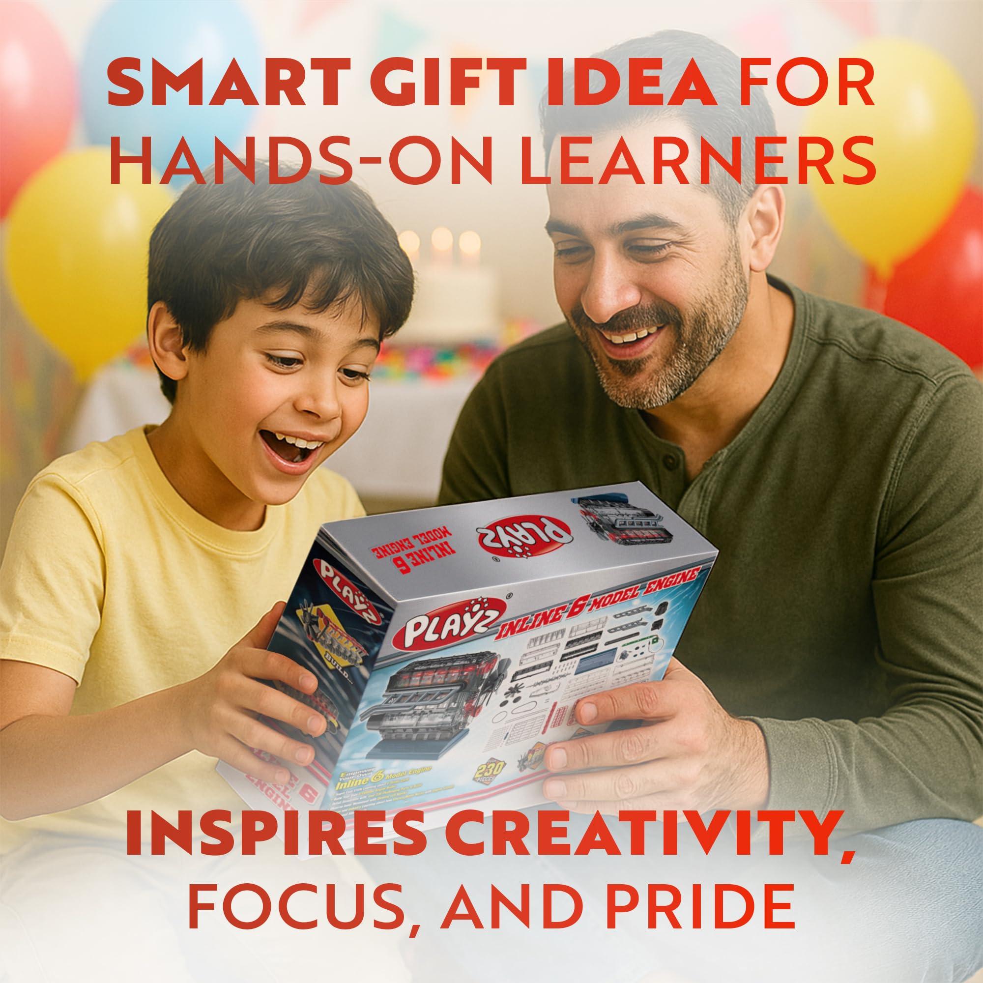 Playz Playz Inline 6 Engine Model Kit - Build Your Own STEM Inline 6 Small Engine That Runs Kit for Adults & Kids Age 10-12+, Visible Inline 6 Mini Engine Kit That Works for Adult w/ 230 STEM Parts