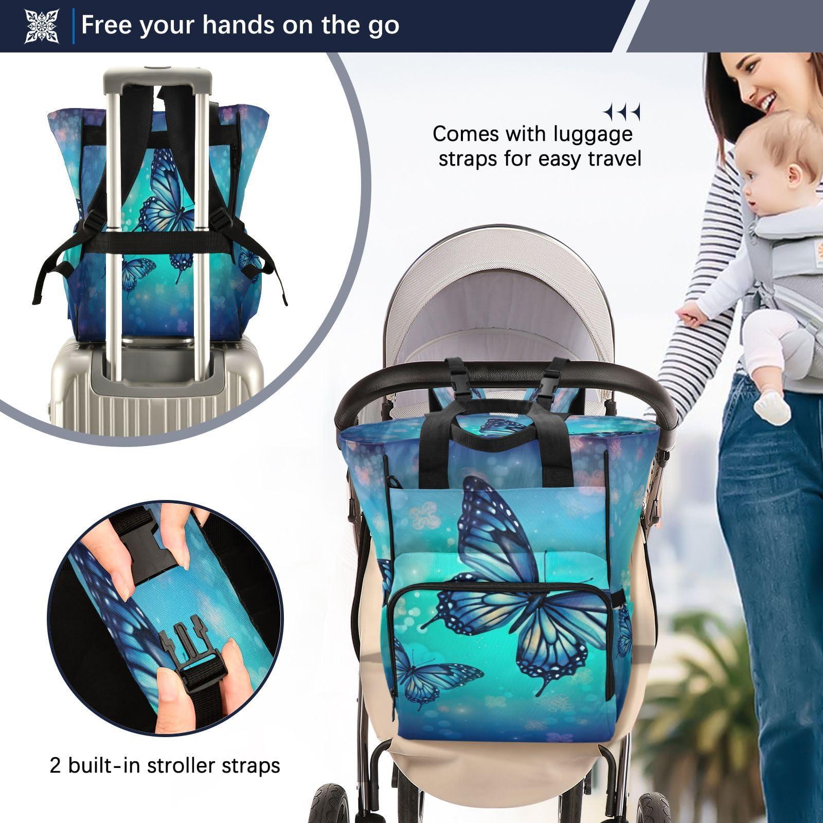 Jihqo Jihqo Diaper Bag Backpack Blue Butterfly (1) Travel Diaper Bags for Women, 10L Functional Baby Changing Bag with Insulted Pockets, Stroller Straps