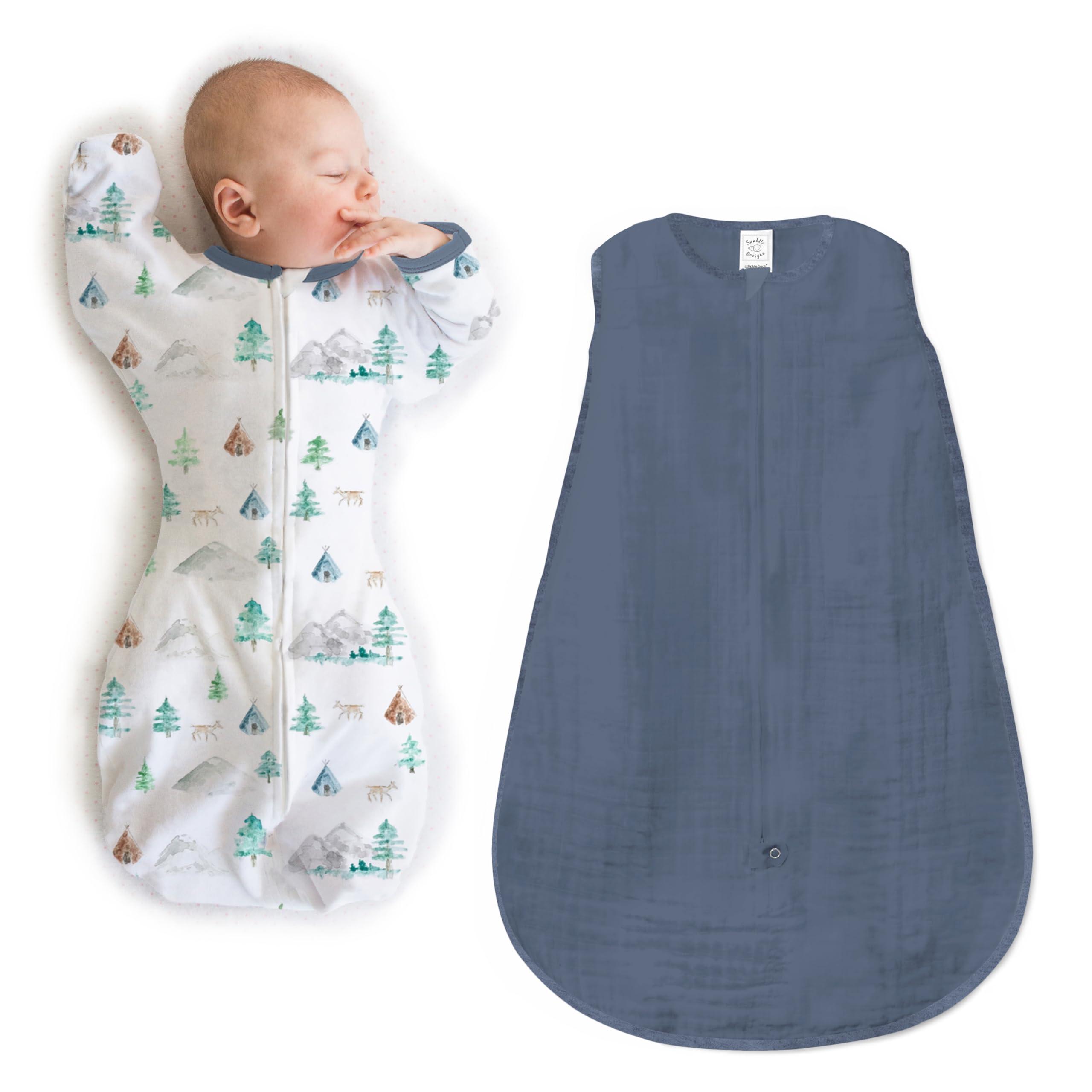 SwaddleDesigns SwaddleDesigns Baby Sleep Sack Set, Mountain + Trees and Denim, 0-3 Mo Transitional Swaddle Sack with Arms Up Half-Length Sleeves & Mitten Cuffs and 0-6 Mo Cotton Muslin Sleep Sack with 2-Way Zipper
