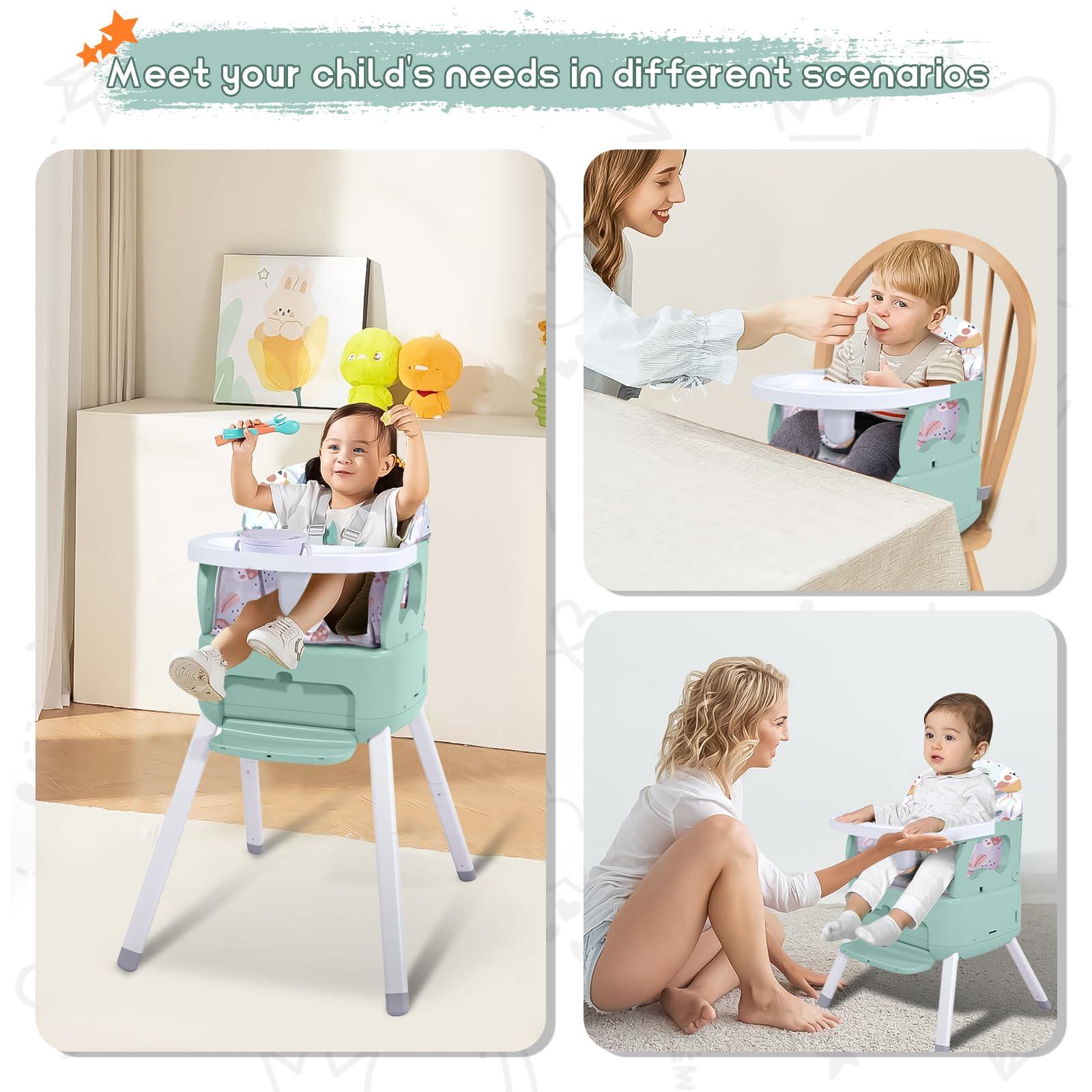 BABHAMNESS 4 in 1 Portable Baby High Chair,Convertible Highchair for Babies and Toddlers-Foldable Infant Booster Seat,Carry Small Box,Dining Chair,Toddler High Chair with 5-Point Harness,Removable Tray-Green