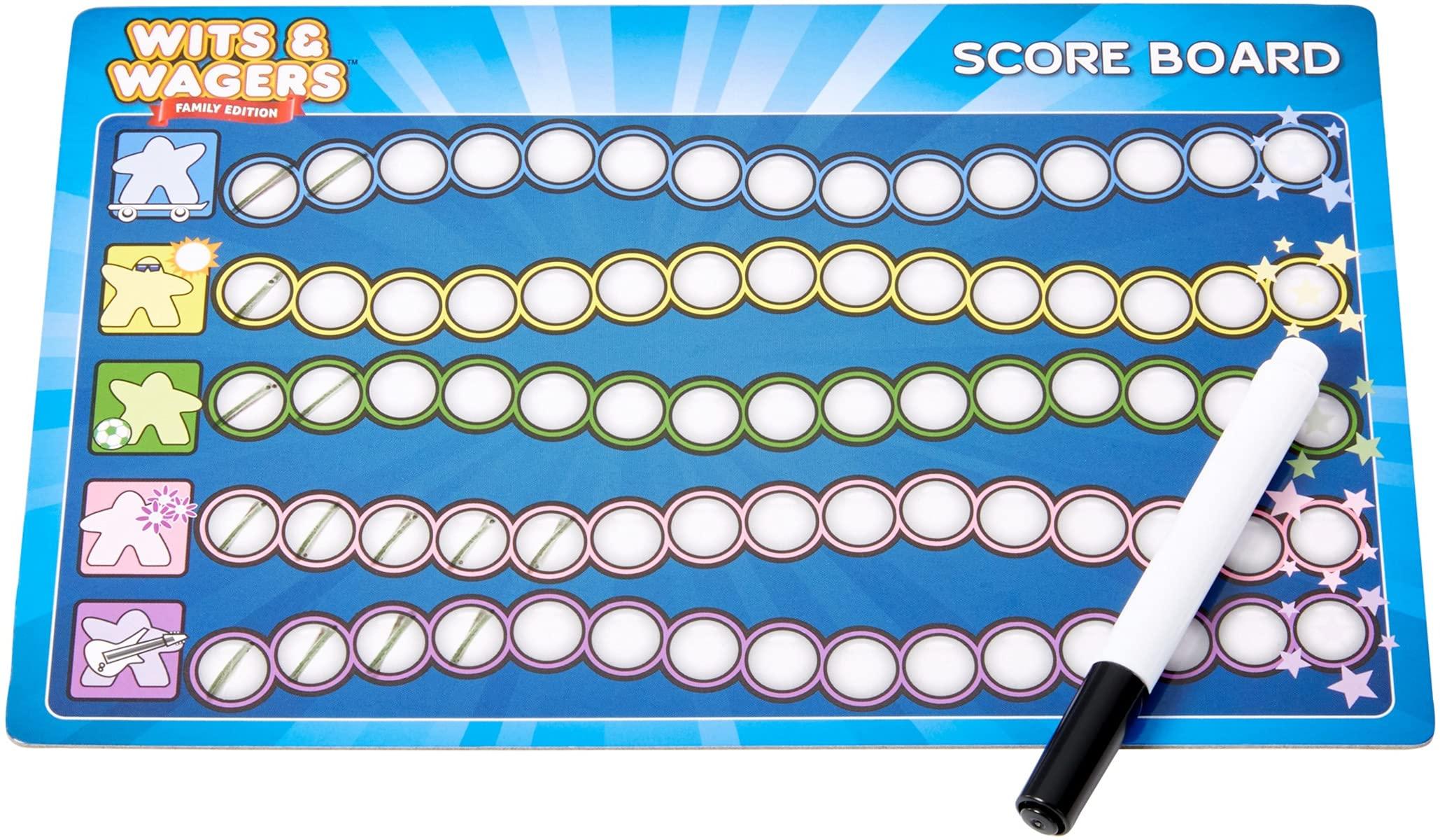 Mattel Games Mattel Games Wits & Wagers Board Game Family Edition for Kids and Adults with Dry Erase Boards, Markers & Question Cards Large