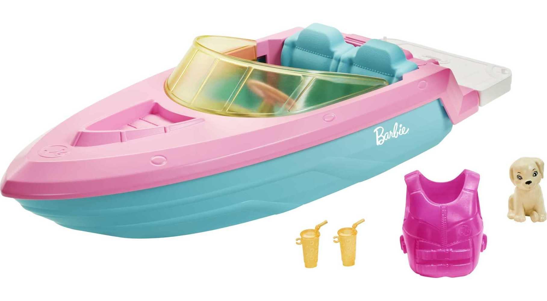 Barbie Barbie Toy Boat with Pet Puppy, Life Vest and Beverage Accessories, Fits 3 Dolls and Floats in Water