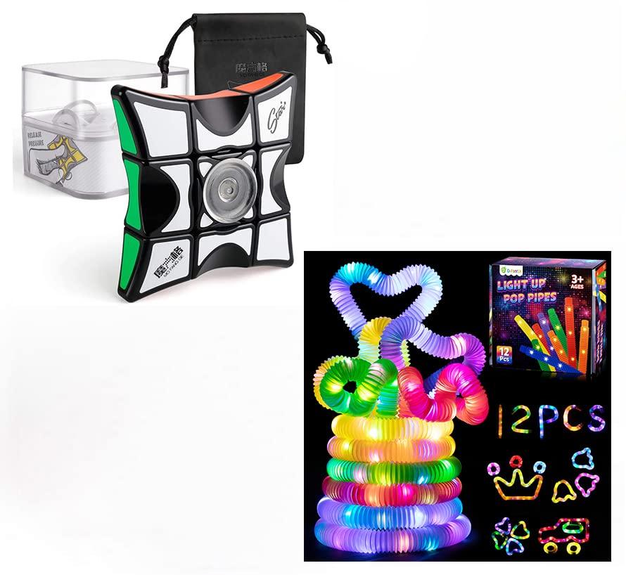 D-FantiX D-FantiX Fidget Spinners Cube & Light Up Pop Fidget Tubes Toys, 1x3x3 Floppy Cube Puzzle Fidget Spinner Anti-Anxiety Fidget Toys for Kids Adults, Glow Sticks Party Favors for Kids