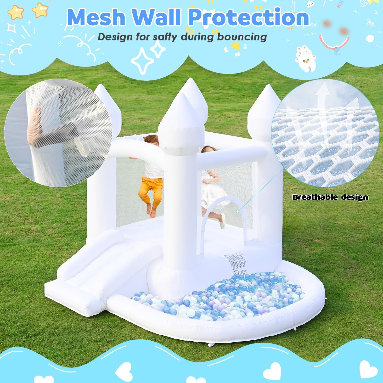 FOOING FOOING White Bounce House, Inflatable Bounce House with Air Blower, Jumping Castle Bounce House with Ball Pit for Party, Wedding, Backyard Easy to Set Up, Safe for Family