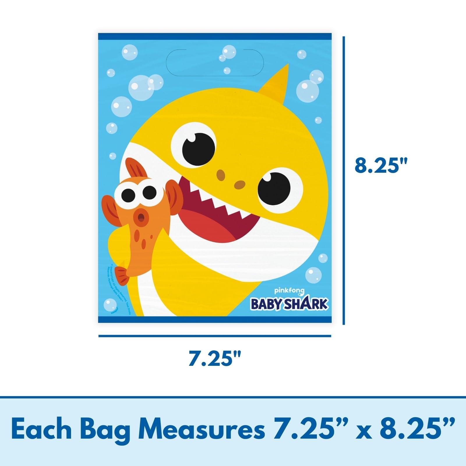 Unique Unique Baby Shark Goodie Bags Pack - 16 Plastic Baby Shark Party Favor Bags & Sticker, Baby Shark Birthday Decorations & Supplies