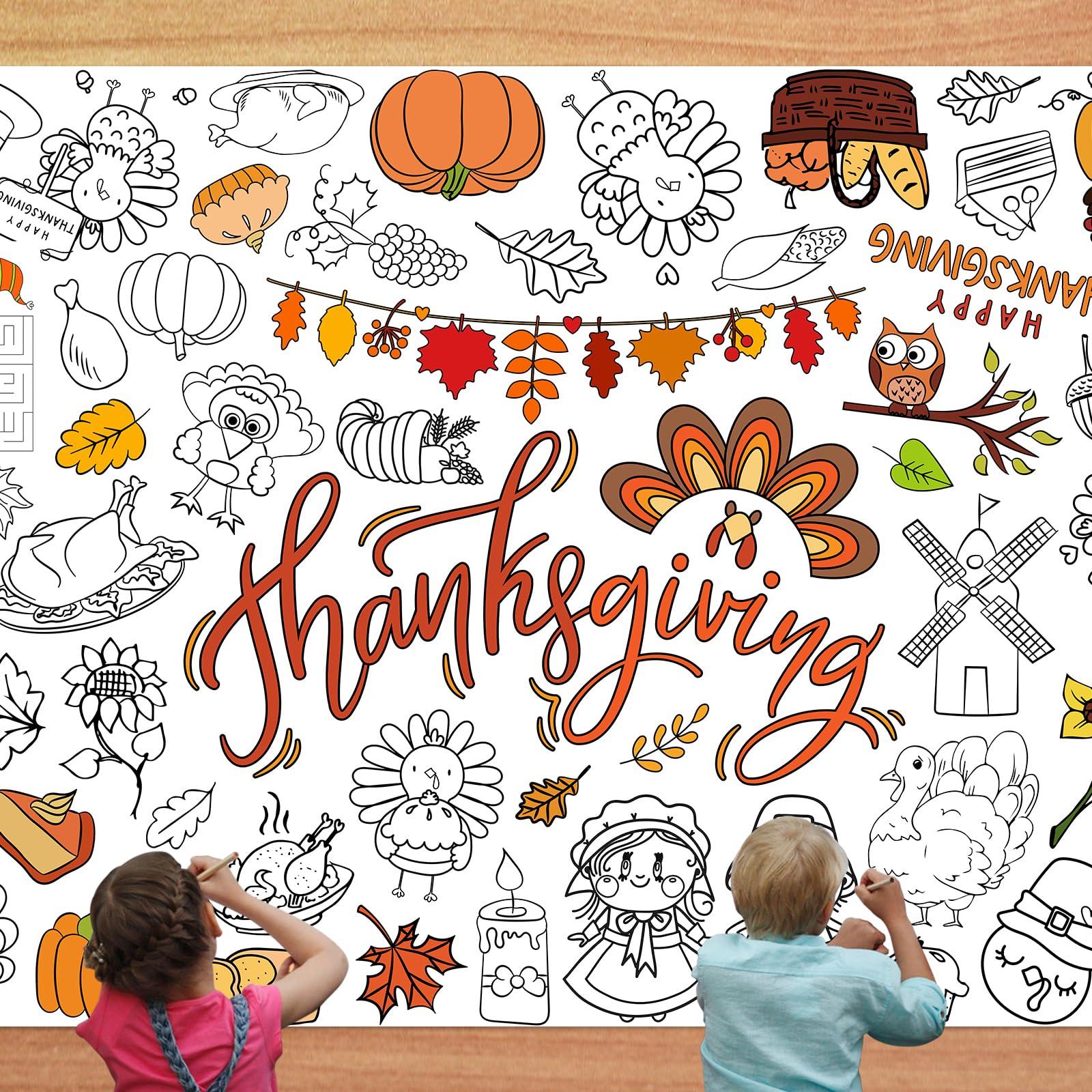 FATHER.SON FATHER.SON Thanksgiving Coloring Tablecloth for Kids, 47 x 70 inch Fall Paper Table Cover Decorations for Turkey-Themed Thanksgiving Day Party, Fall School Party Decor