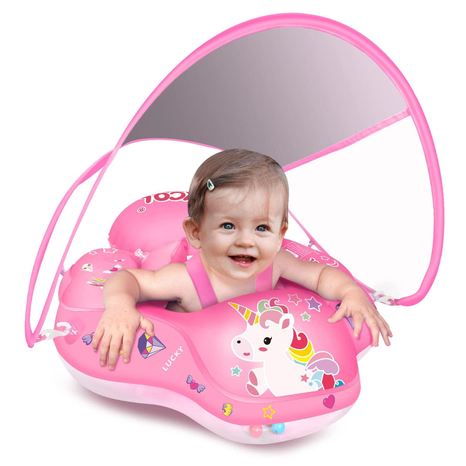 LAYCOL LAYCOL Baby Swimming Float Inflatable Baby Pool Float Ring Newest with Sun Protection Canopy,add Tail no flip Over for Age of 3-36 Months (Unicorn, S)