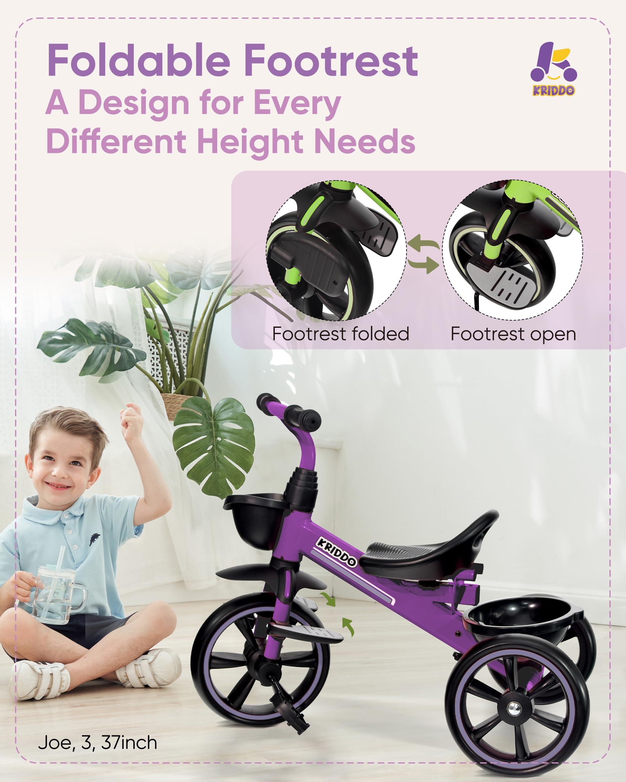 KRIDDO KRIDDO 2-in-1 Toddler Tricycle for Ages 18 Months to 5 Years Old - Extended Push Handle for Effortless Push, Gift Trike for Toddler 3 to 5 Year, Kids Tricycle with Foldable Front Footrest, Purple