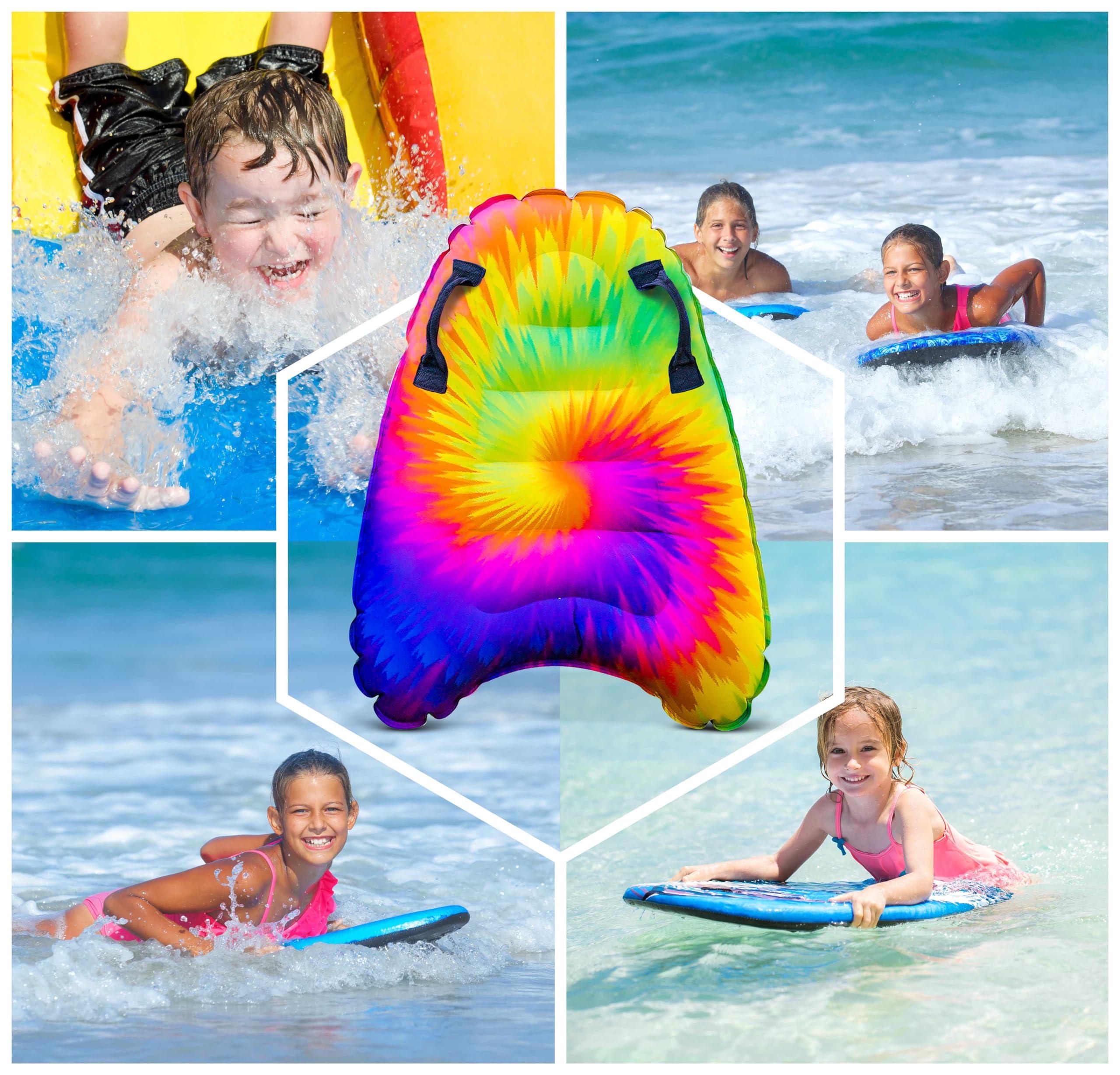 JAMBO JAMBO Inflatable Surf Body Board with Handles, Boogie Board for Beach, Surfing Swimming Floating Surfboard Boards, Pool Floats Pool Beach Toy for Kids (Tie-Dye, Water Color and Color Spiked) - 3 Pack