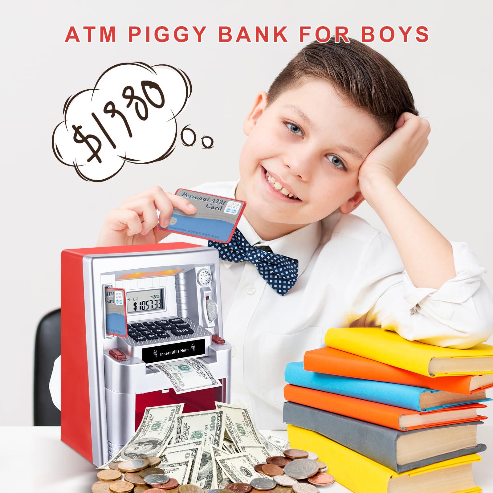 qiekaka Qiekaka Upgraded ATM Piggy Bank, Kids Talking Piggy Bank, ATM Bank Machine for Real Money, with Debit Card, Balance Calculator, Digital Electronic Savings Safe Box for Teen Boys Girls.