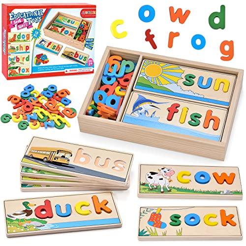 Atoylink Atoylink Wooden Spell Learning Toys for 2 3 4 5 Year Old Kids Match Letter Spelling Game Board & Letters & Box, CVC Word Builder Toddler Educational Toy Kindergarten Preschool Learning Activities