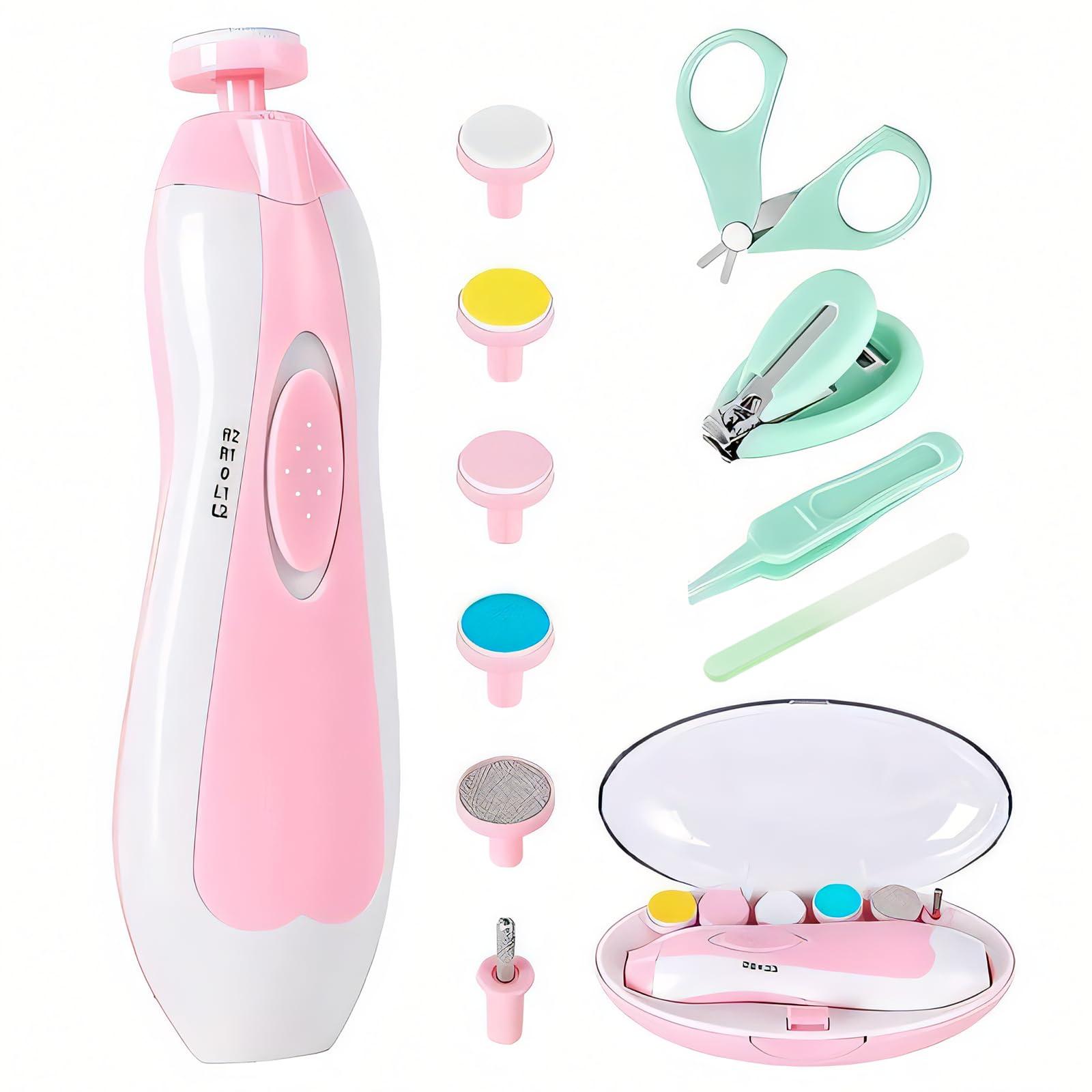Qunlions life Baby Nail Trimmer Electric-12 in 1 Baby Nail Clippers Safe Baby Nail File Kit with a Nail Clipper, Scissor, Tweezers, and Nail Files (Pink+)