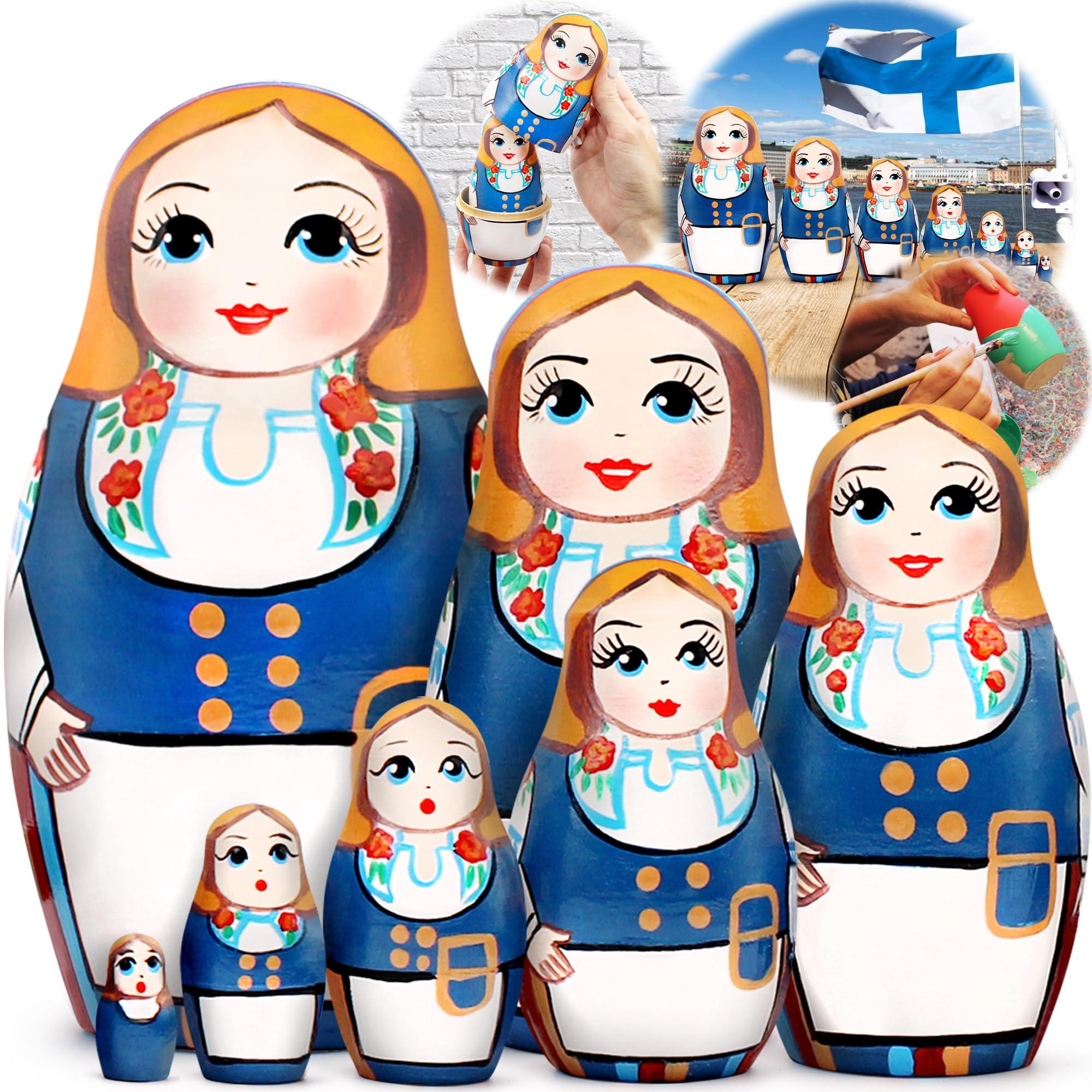 AEVVV AEVVV Russian Matryoshka Dolls Set of 7 pcs - Nesting Dolls in Finnish Folk Costume Munsala - Hand Painted Baboushka Nesting Dolls in Scandinavian Dress