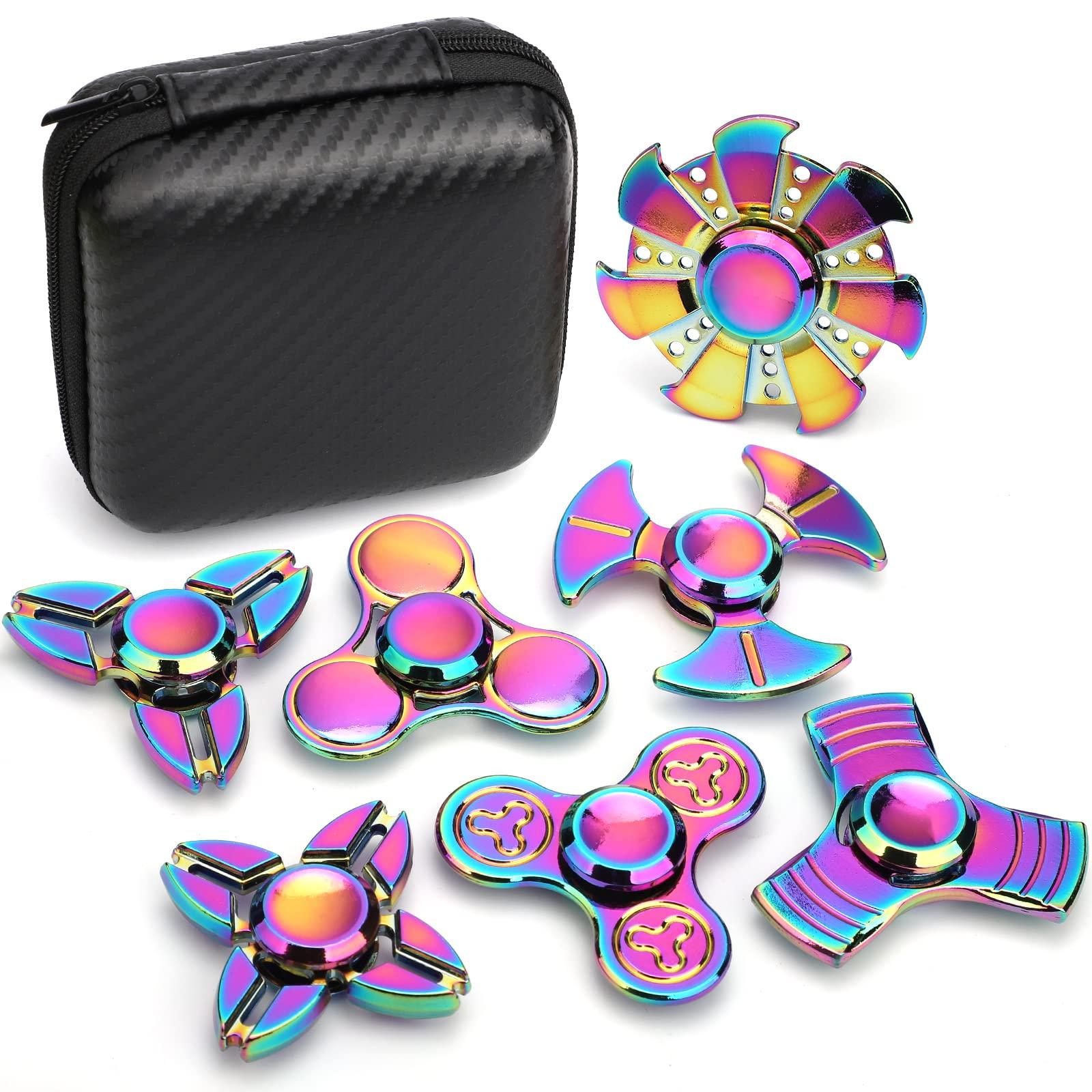 LNCOJOLM 7 Pack Rainbow Fidget Spinners Pack Stress Relief Toys for Kids Adults, Finger Hand Spinner Metal Fidget Bulk Set Desk Toy for Anti-Anxiety Focus, Cool Small Gadget Novelty Gifts Party Favor