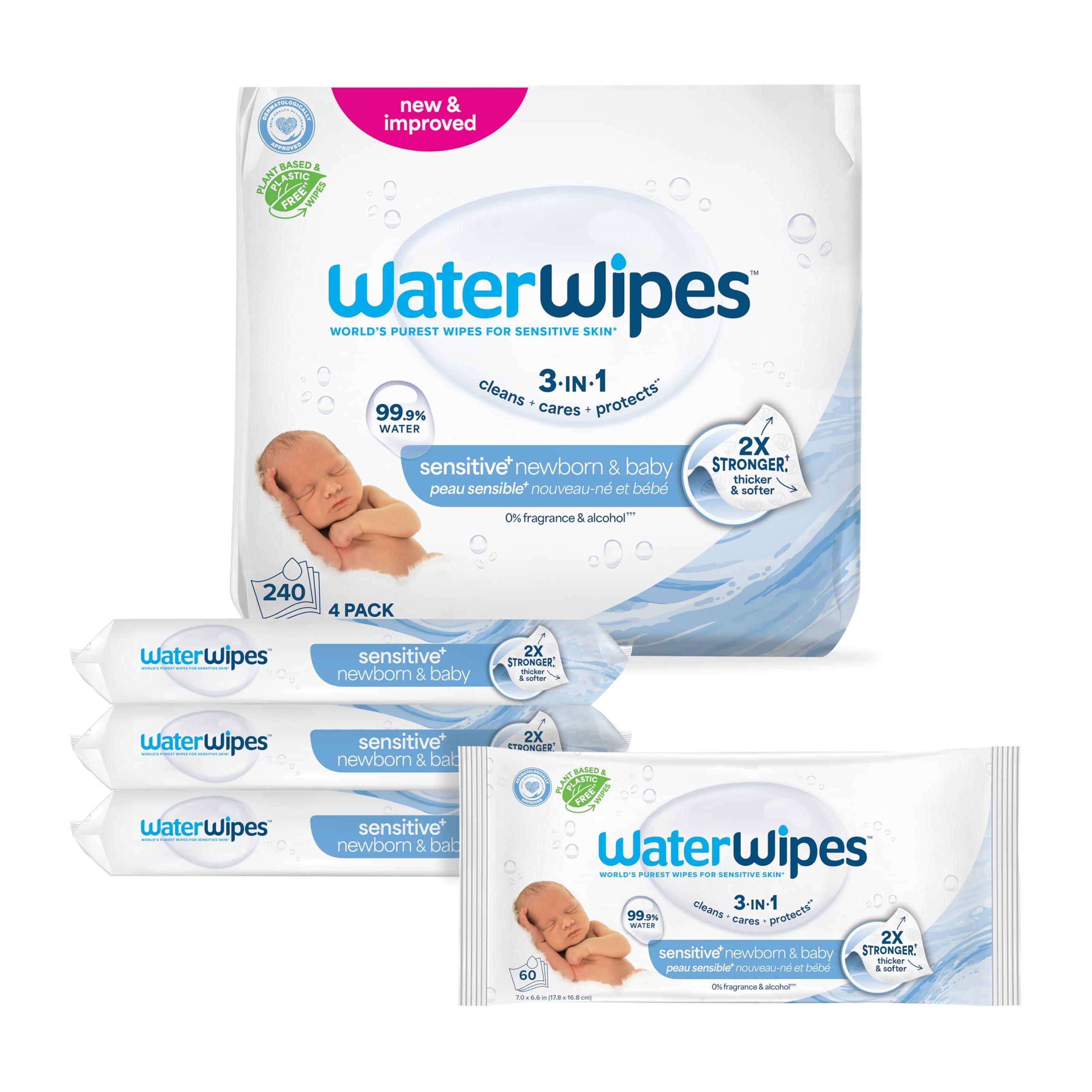 WaterWipes WaterWipes Plastic-Free Original Baby Wipes, 99.9% Water Based Wipes, Unscented & Hypoallergenic for Sensitive Skin, 240 Count (4 packs), Packaging May Vary