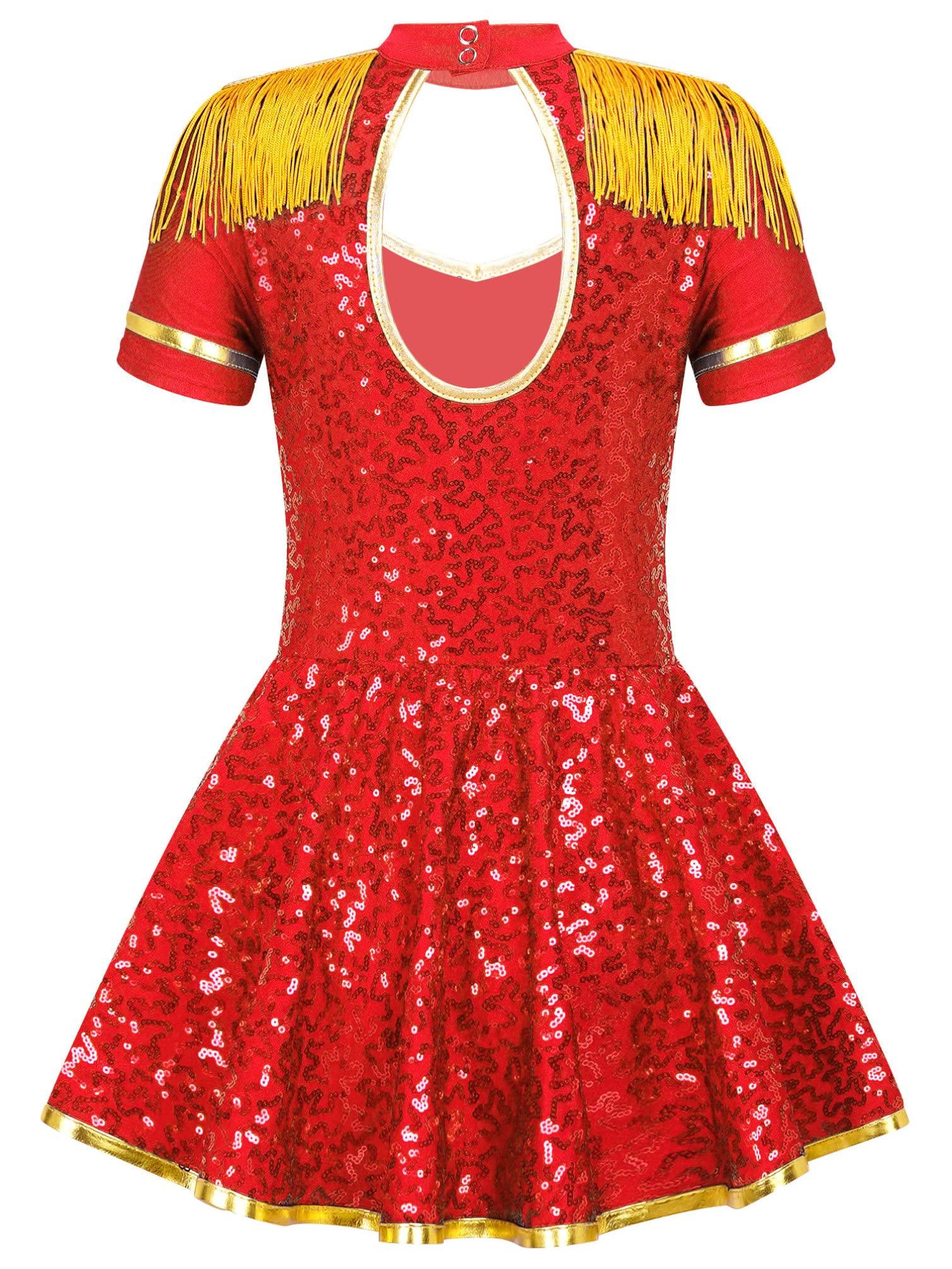 Jugaoge Jugaoge Girls Majorette Costume Shiny Sequin Marching Band Uniform Carnival Party Performance Leotard Dress Red 12 Years
