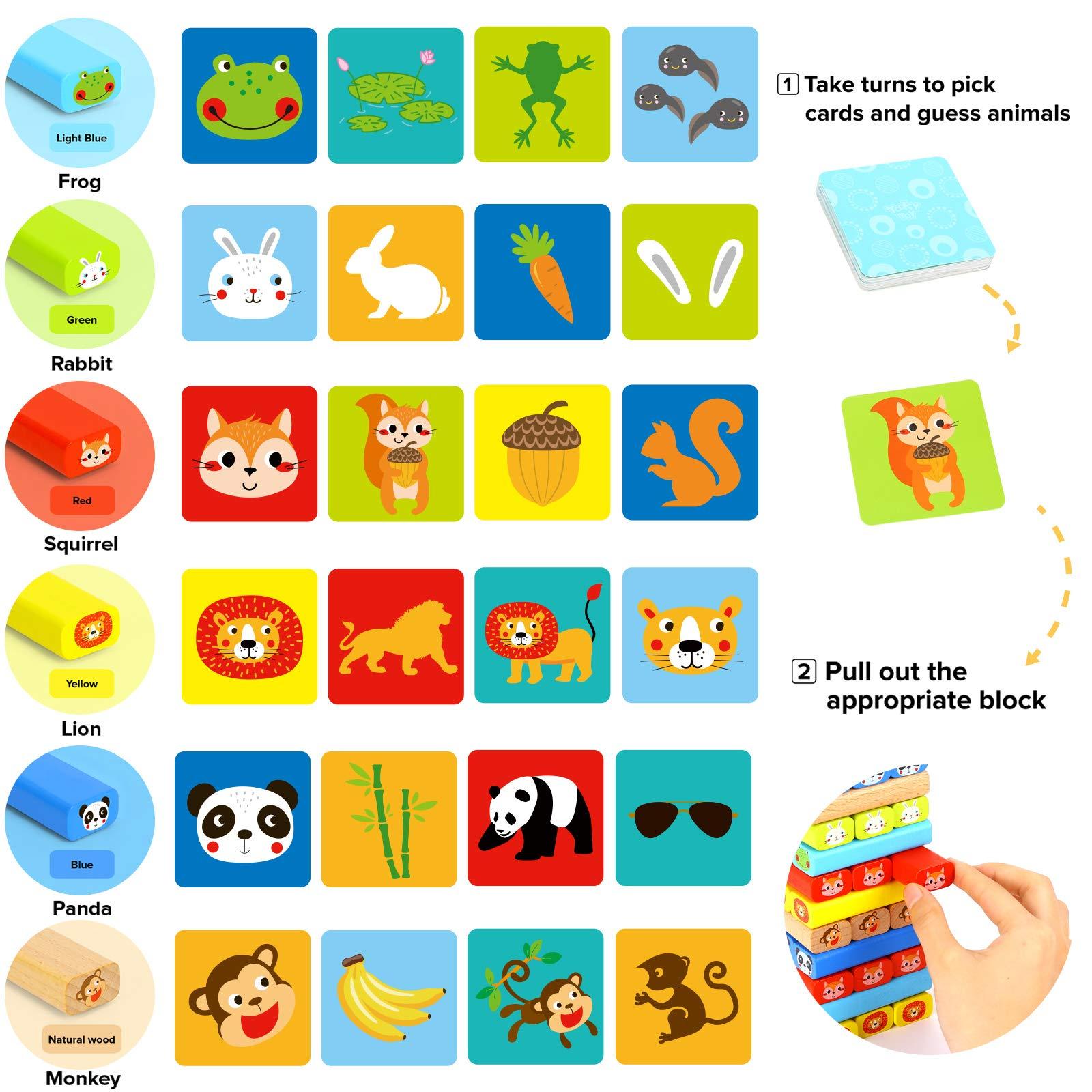 TOOKYLAND TOOKYLAND Colored Wooden Blocks Stacking Board Games Tumble Tower Games with Animal Pictures for Kids Boys Girls - 80 Pieces