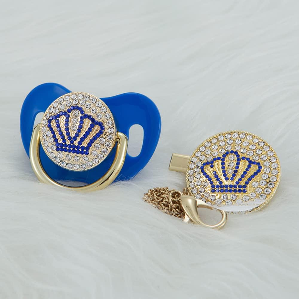 MIYOCAR MIyocar Handmade Bling Baby Gold Blue Crown Pacifier and Clip Set Unique Gift for Baby Shower