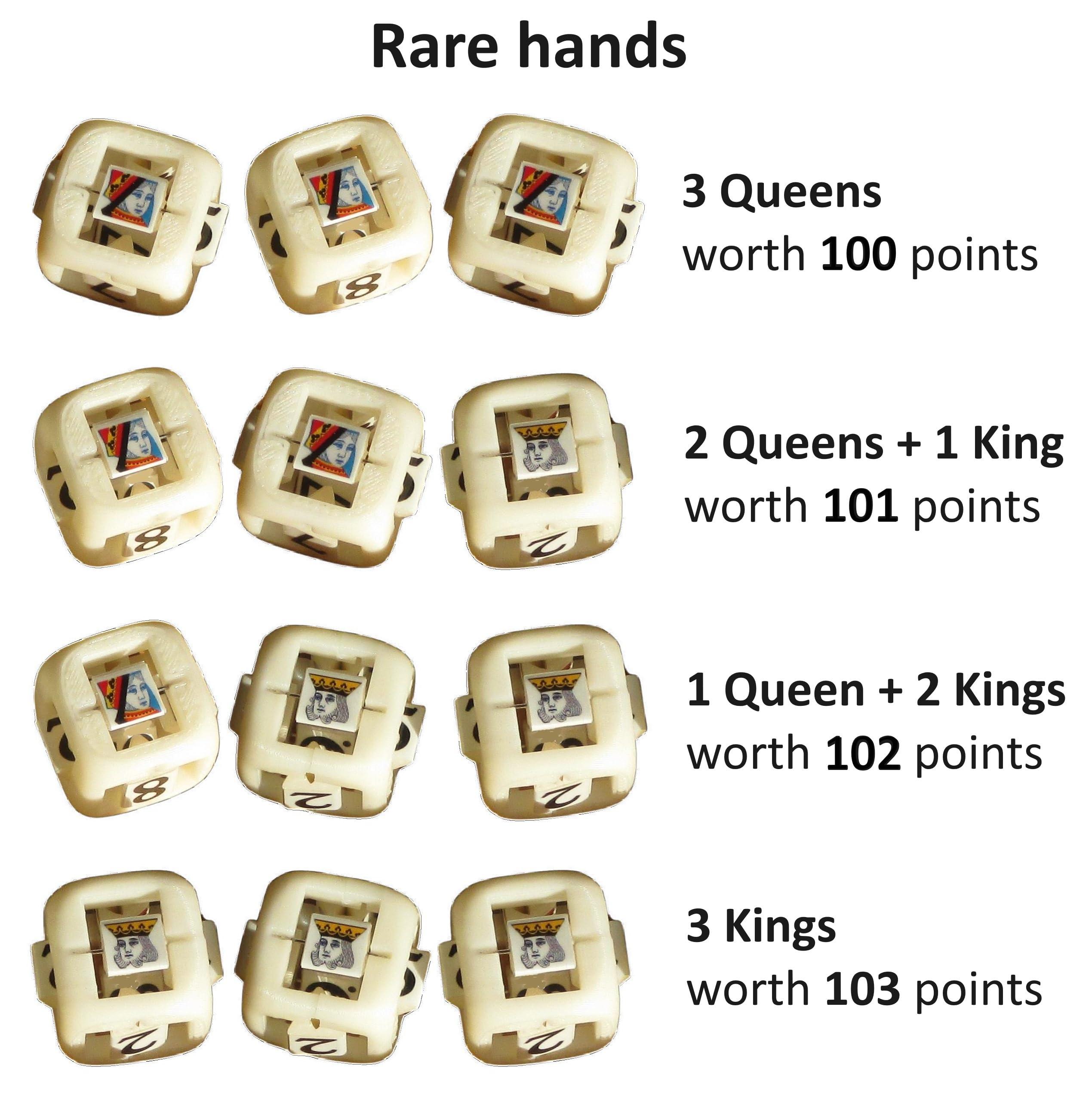 Dream Dice Generic Poker Dice - Using Patent Dice. Set of Three 6-Sided Dice. Each Die Displays All Numbers 2 Through 10, Jack, Queen and King.