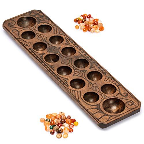 Yellow Mountain Imports Yellow Mountain Imports Mancala Set with 17.3-Inch Solid Wood Board and Quartz Pebble Playing Pieces