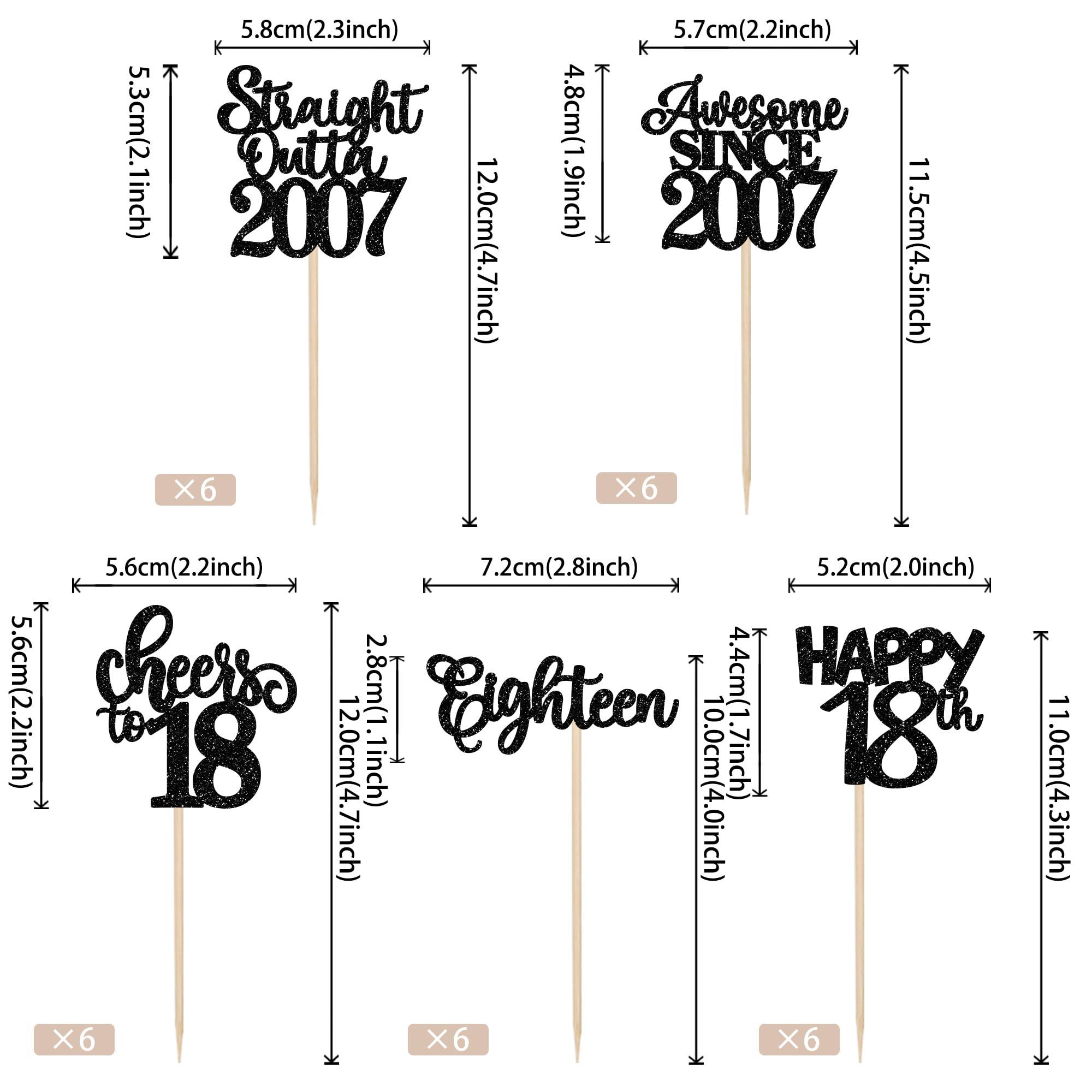 YCTHUNFISH 30 Pack 18th Birthday Cupcake Toppers Glitter Straight Outta 2007 Happy 18th Eighteen Awesome Since 2007 Cupcake Picks 18 Fabulous Cake Decorations for 18th Birthday Wedding Anniversary Party Black