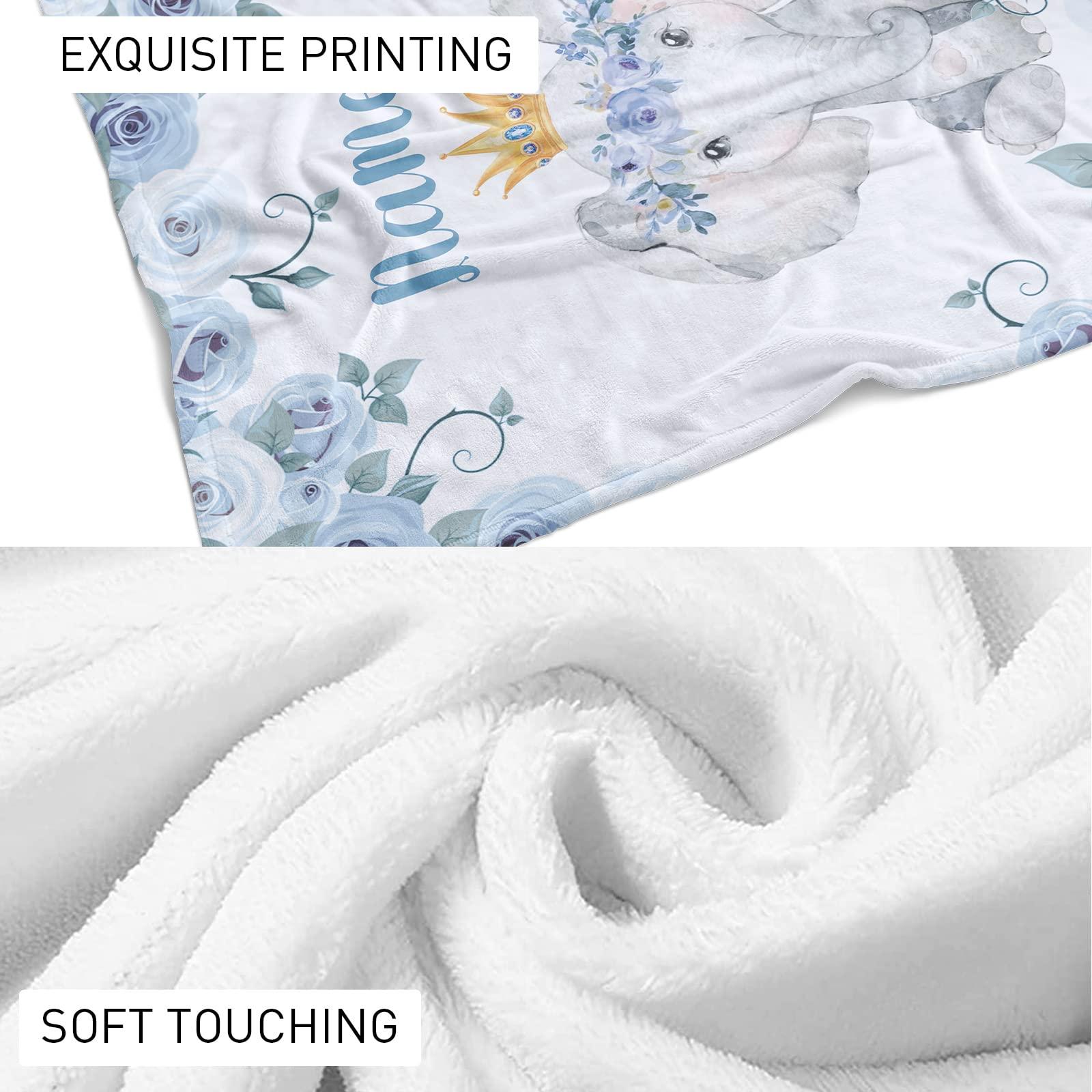 KAINSY KAINSY Personalized Elephant Baby Throw Blanket for Boys Girls Custom Name Nursery Bed Blankets for Newborn Kids Birthday Gifts, Blue, 30 x 40inch