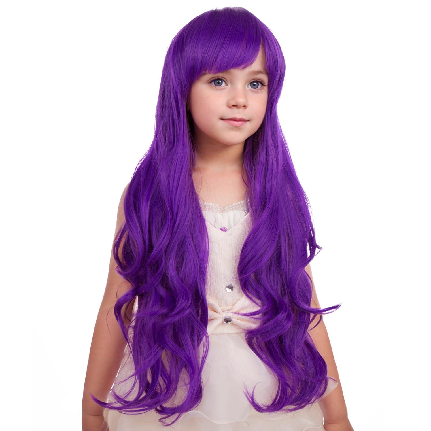 PATTNIUM PATTNIUM Kids Purple Wig Long Wavy Purple Wig with Bangs for Child Girls Dark Purle Synthetic Wig with Wig Cap