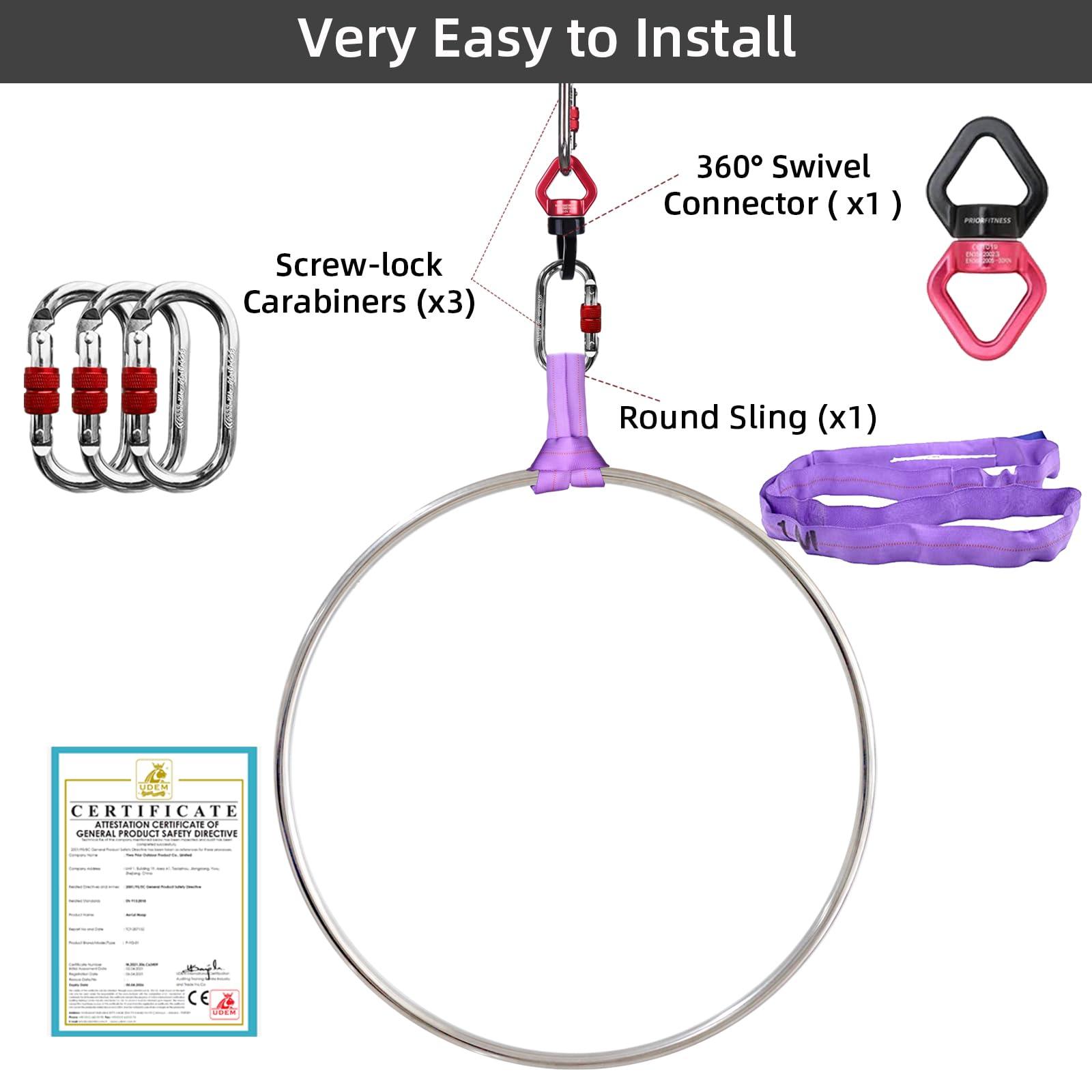 PRIOR FITNESS PRIOR FITNESS Aerial Hoop Set - Professional 80cm Silver Tab-Less Lyra Ring With Complete Rigging Hardware - Circus Fitness Equipment Kit