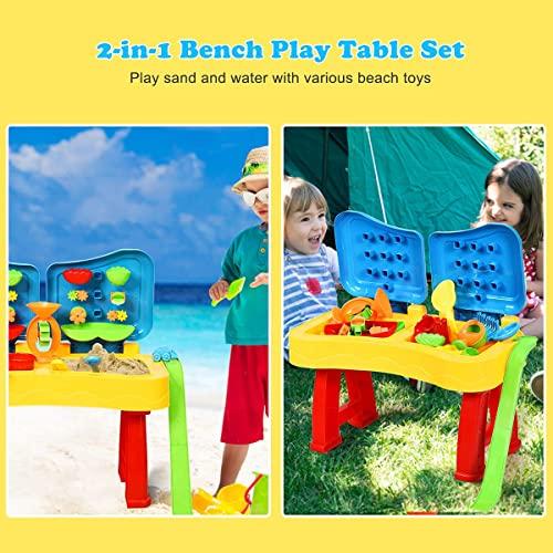 Costzon Costzon Kids Sand and Water Table, 2 in 1 Beach Play Activity Table with Cover, 27.5” x 14” x 28.5” Splash Water Table for Toddlers w/ 31 Pcs Accessories, Outdoor Indoor Beach Toy Set for Age 3+