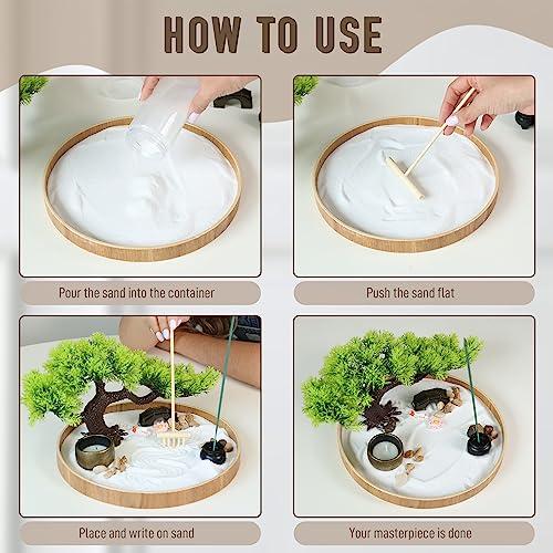 Timani Japanese Zen Garden for Desk - Zen Garden Sand Kit, Artificial Bonsai Tree, Rakes & Accessories - Japanese Decor Office Home Desktop Relaxation Sandbox Decor. 9.5\" Inches Wooden Round Tray