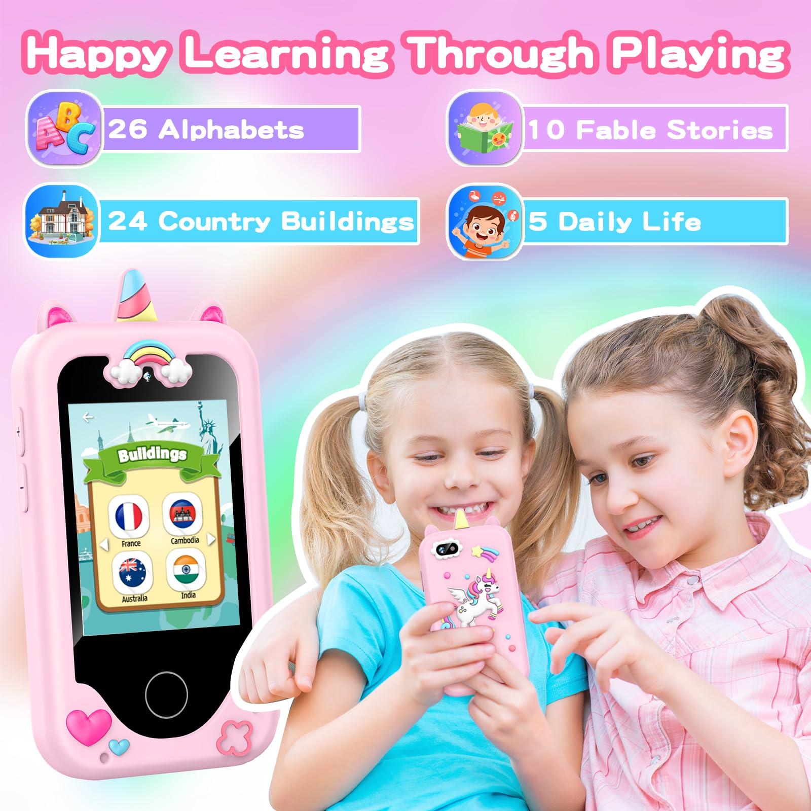 ASIUR ASIUR Kids Smart Phone for Girls Toddler Birthday for Boys 3 4 5 6 7 8 Years Old Pretend Play Working Cell Smartphone Learning Toys with Educational Games, MP3 Music Player(Pink)