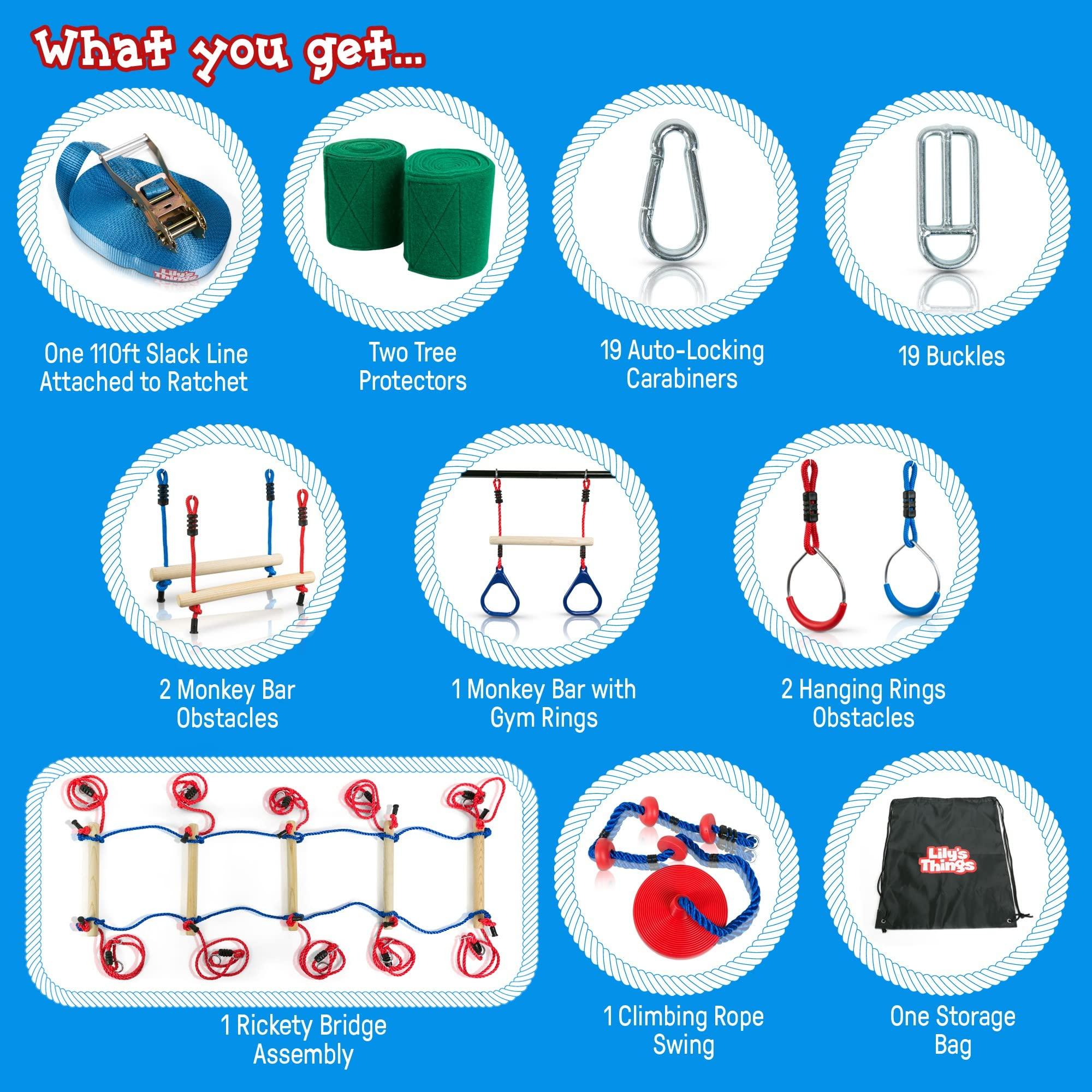 Lily\'s Things Double Ninja Slackline Obstacle Course | 110 Ft | Ninja Warrior Obstacle Course Accessories | Monkey Bars | Climbing Rope | Ninja Rings | Trapeze Swing Bar | Rickety Bridge Edition -Patent Double Line