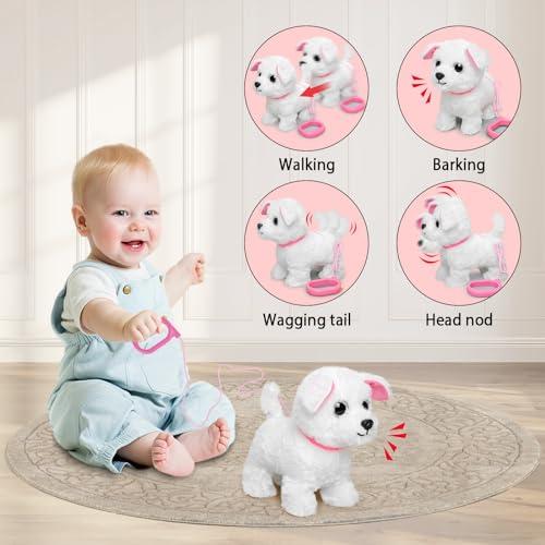YH YUHUNG YH YUHUNG Walking and Barking Toy Dog with Remote Control Leash Puppy Electronic Pets Interactive Toys for Kids (White)
