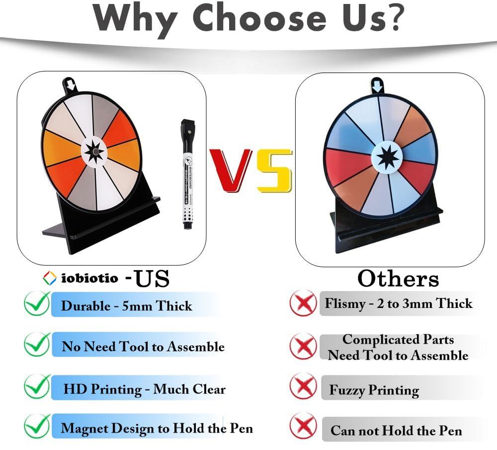 iobiotio iobiotio Small Prize Wheel with Pen, 6 inch Spinning Wheel for Prizes with Stand, 10 Slots Color Small Tabletop Roulette Spinner, Easy Assembly and Erasable, Portable, 6 inch, Arylic Clear