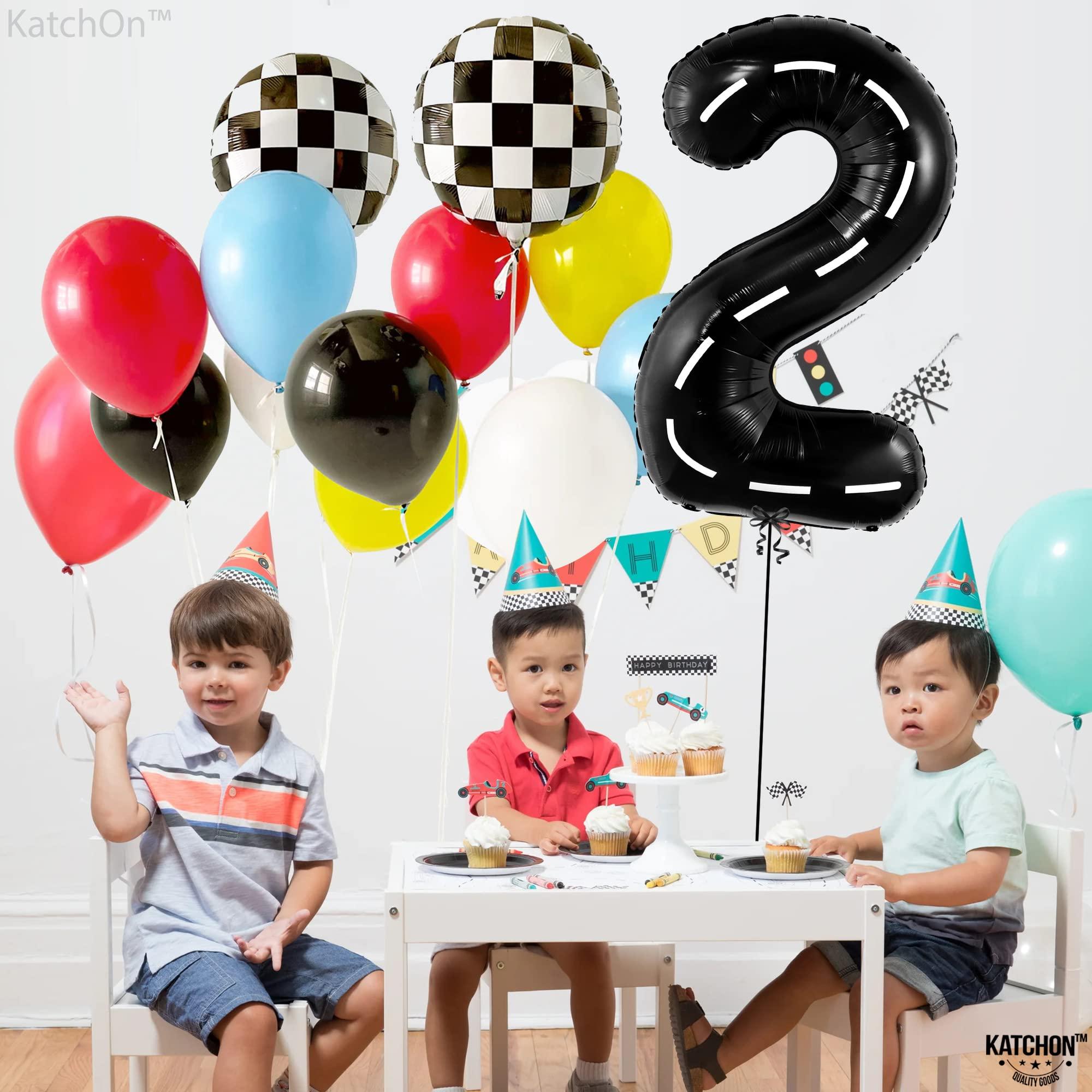 KatchOn Black and White Checkered Balloons - 22 Inch with Big Two Fast Balloons - 40 Inch, 2 Number Balloon | Checkered Flag Balloons, Race Car Birthday Party Supplies | Number 2, Two Fast Party Decorations