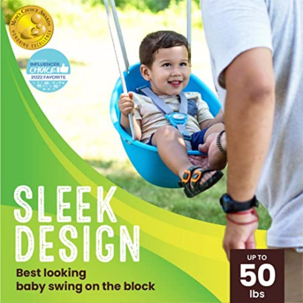 Swurfer Swurfer Coconut - Your Child's First Swing with Blister Free Rope and 3-Point Safety Harness - Indoor and Outdoor - Swing for Babies and Toddlers - Ages 9 + Months - Up to 50 lbs, Blue