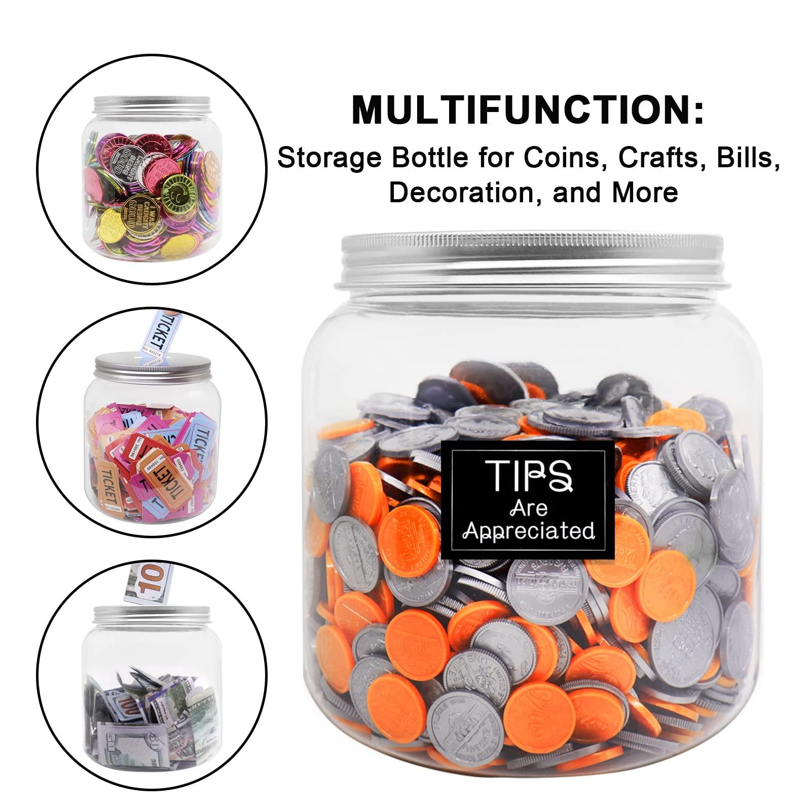 Mczxon Mczxon Large Coin Jar Bank, Big Clear Plastic Coin Money Tip Change Saving Piggy Jar with Silver Slotted Lid, Large Plastic Coins Piggy Money Change Clear Bank Jar for Adults Teens Kids Girls Boys