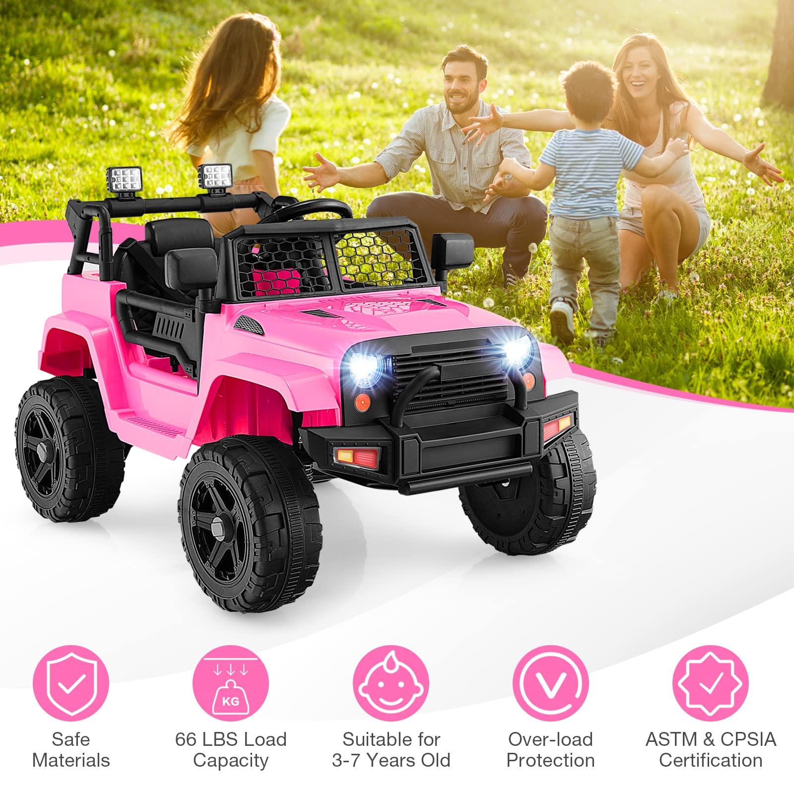 HONEY JOY HONEY JOY Pink Ride On Truck, 12V Battery Powered Vehicle Ride On Car with Remote Control, Spring Suspension, Headlights, Music, Mesh Windshield, Electric Cars for Kids, Gift for Girls 3+ (Pink)