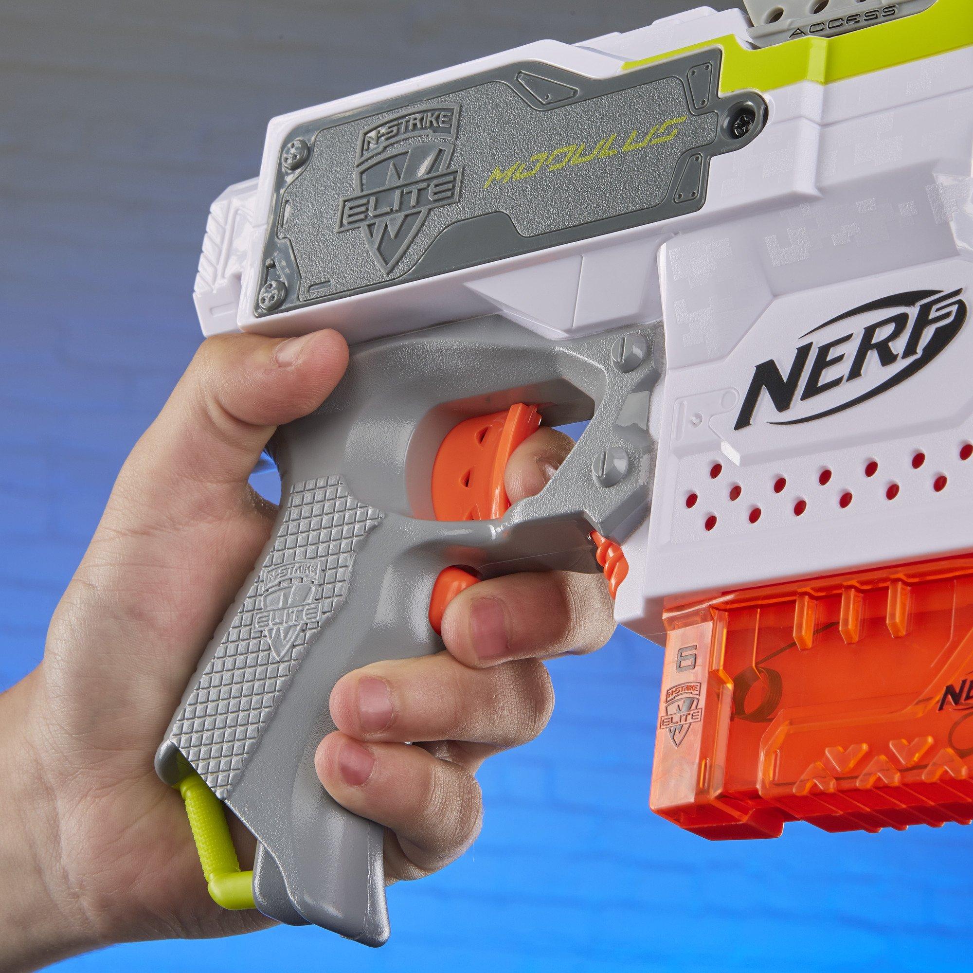 NERF Nerf Modulus Stryfe Motorized Blaster - Fires 6 Darts in a Row - Includes Drop Grip, Barrel Extension, 6-Dart Clip, 6 Nerf Elite Darts (Amazon Exclusive)