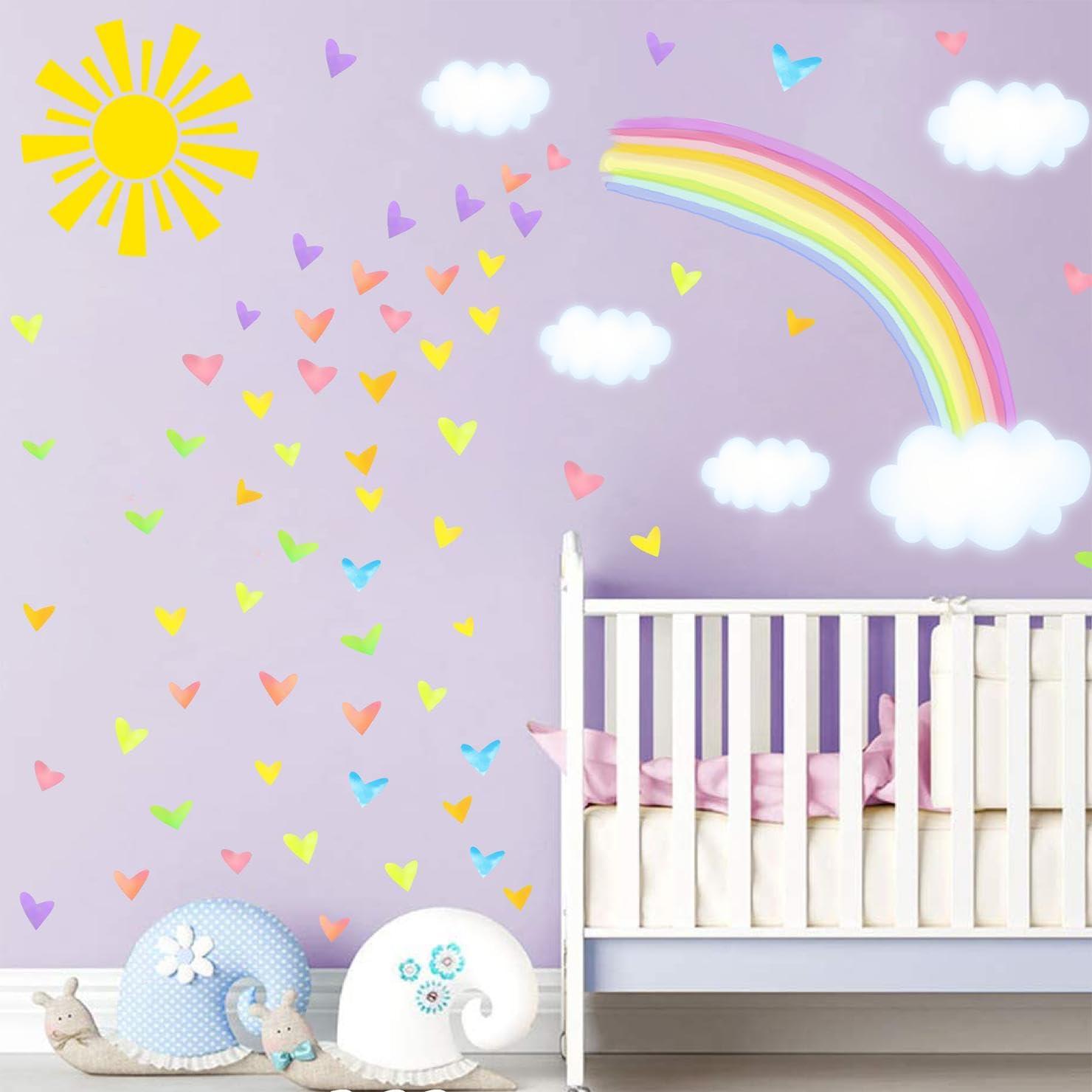 IKEYU IKEYU Colorful Rainbow Wall Stickers Sun Clouds Wall Decals Watercolor Heart Wall Stickers Large Rainbow Wall Decals for Kids Room Nursery Girls Bedroom Decor