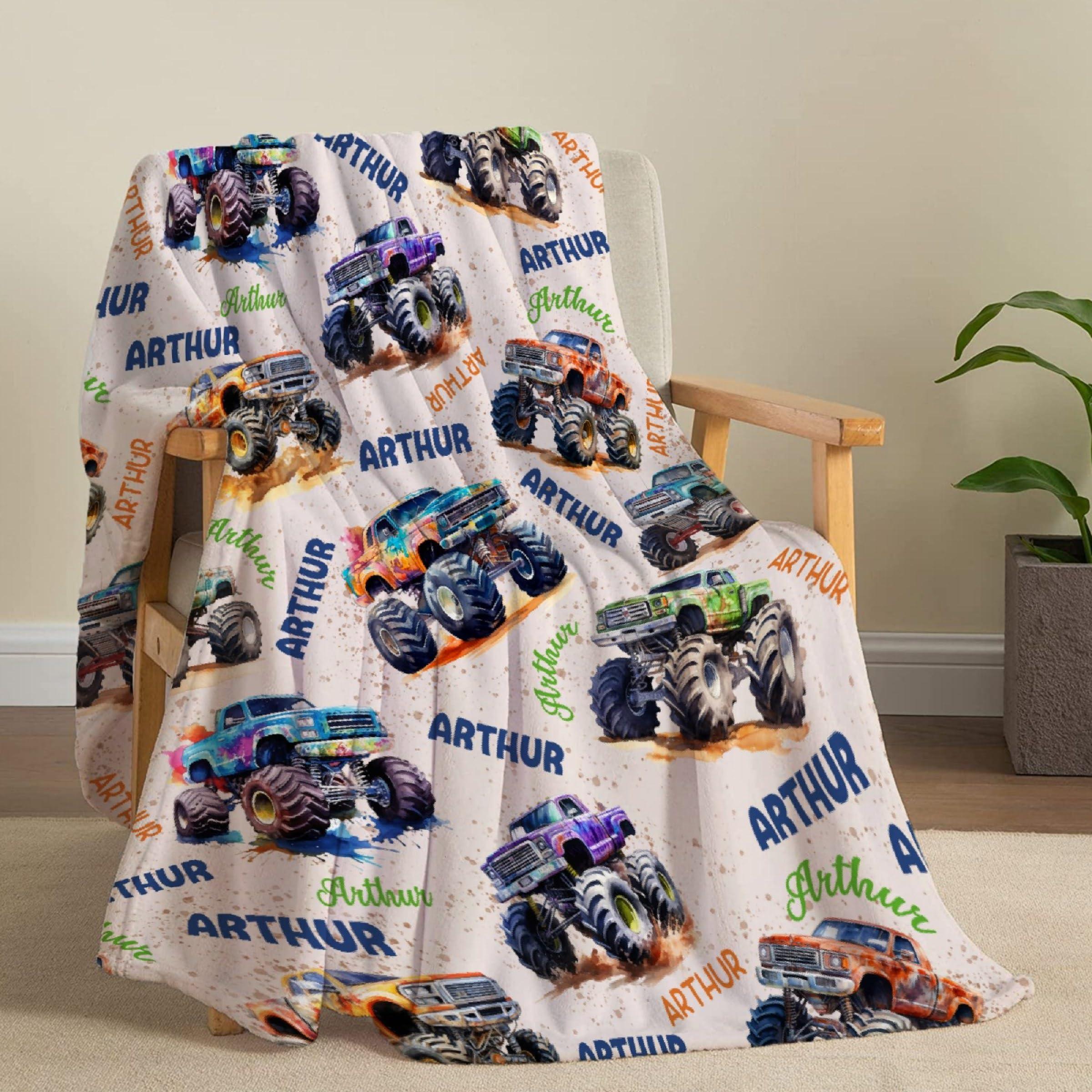 Todeyya Todeyya Personalized Mon-Ster Baby Blanket Gifts Custom Mon-Ster Trucks Toddler Blankets for Boys Mon-Ster Trucks Plush Throw Blanket, Trucks Bedding Room Decor for Boys 120"x90"