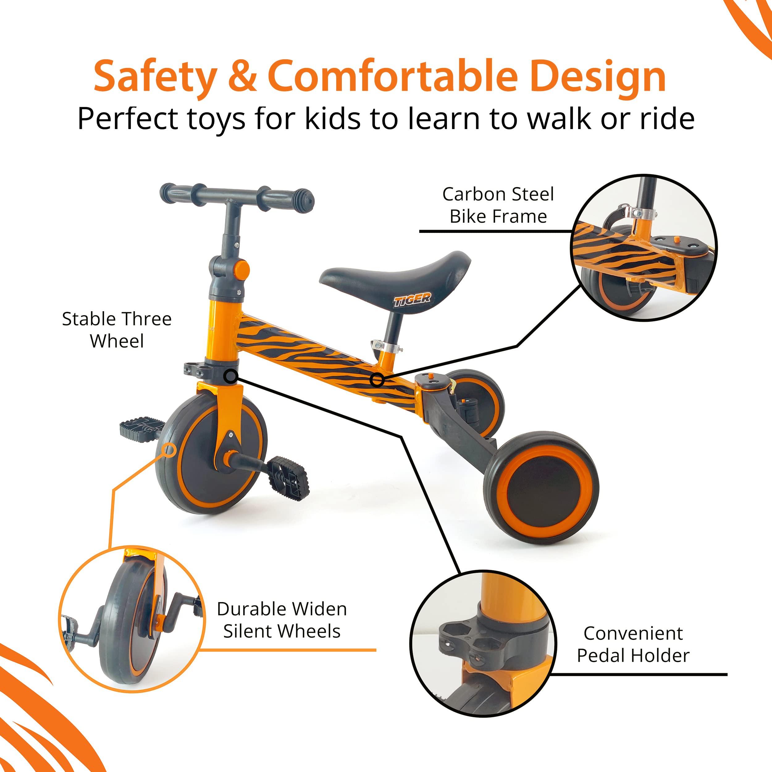Hurtle 3 in 1 Kids Tricycles - Balance Training Bike Convertible Toddler Walker Riding Toys for 10 Month to 3 Year Old Boys Girls w/Removable Pedals, Carbon Steel Frame, Adjustable Seat Height (Tiger)