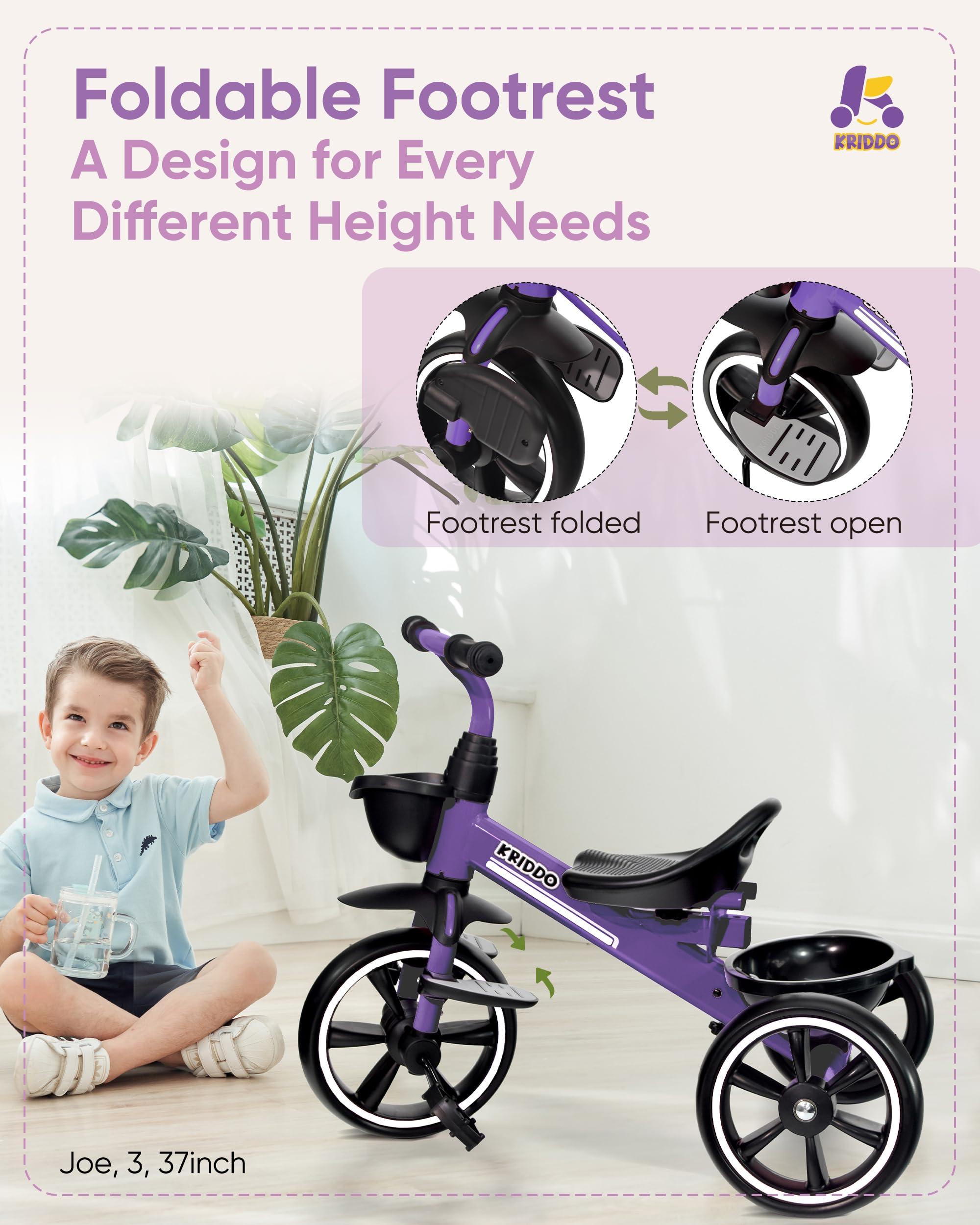 KRIDDO KRIDDO 2-in-1 Toddler Tricycle for Ages 18 Months to 5 Years Old - Extended Push Handle for Effortless Push, Gift Trike for Toddler 3 to 5 Year, Kids Tricycle with Foldable Front Footrest, Purple